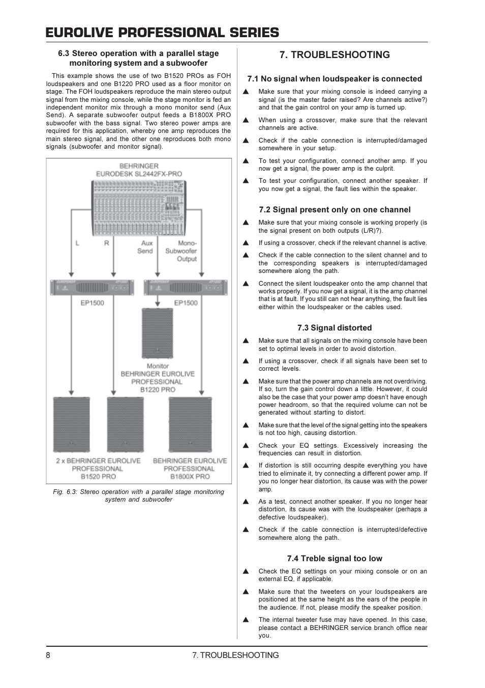 Eurolive professional series, Troubleshooting | Behringer B1520 PRO User Manual | Page 8 / 10