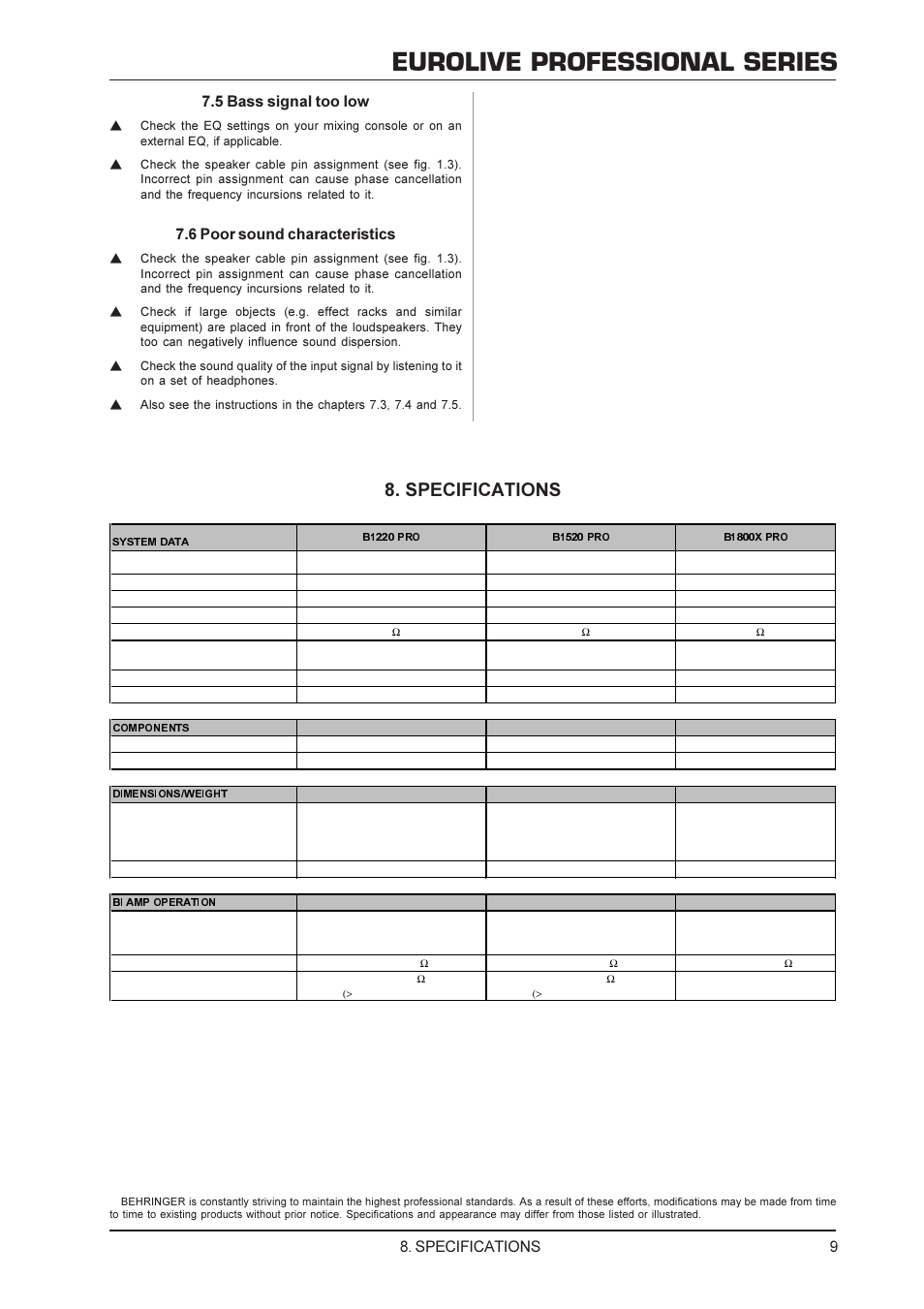 Eurolive professional series, Specifications, 5 bass signal too low | 6 poor sound characteristics | Behringer B1520 PRO User Manual | Page 9 / 10