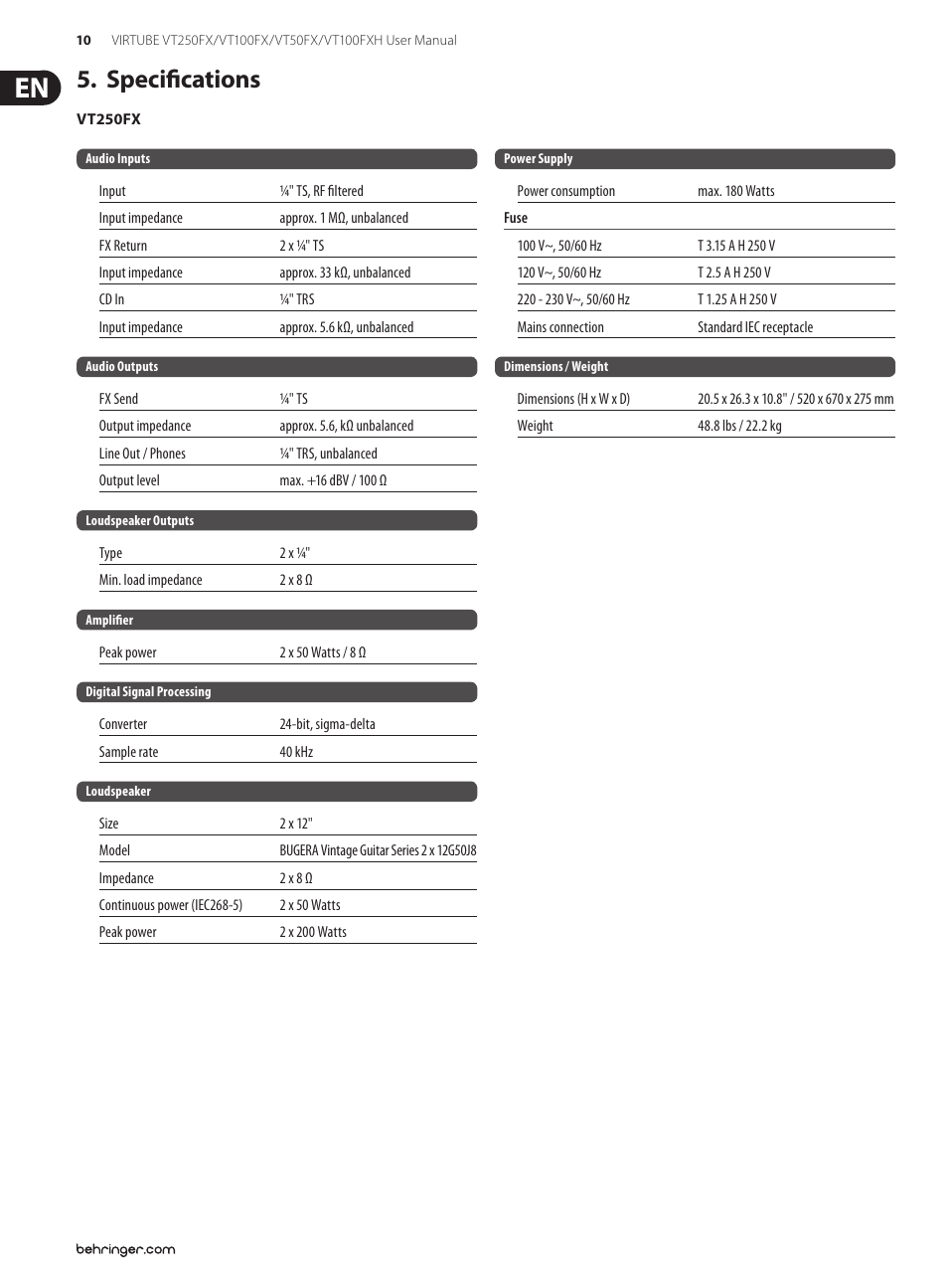 Specifications | Behringer Virtube VT100FXH User Manual | Page 10 / 15