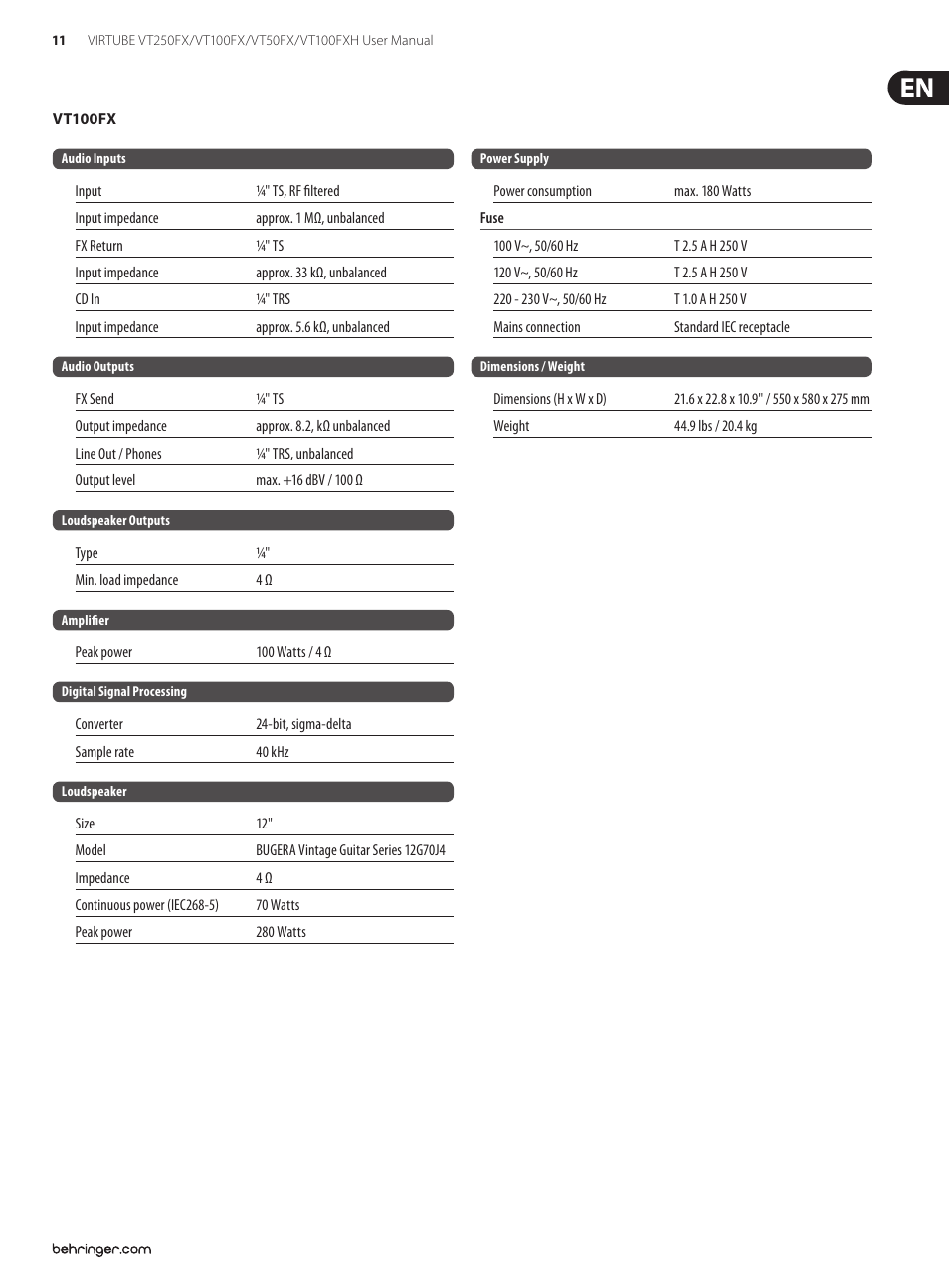 Behringer Virtube VT100FXH User Manual | Page 11 / 15