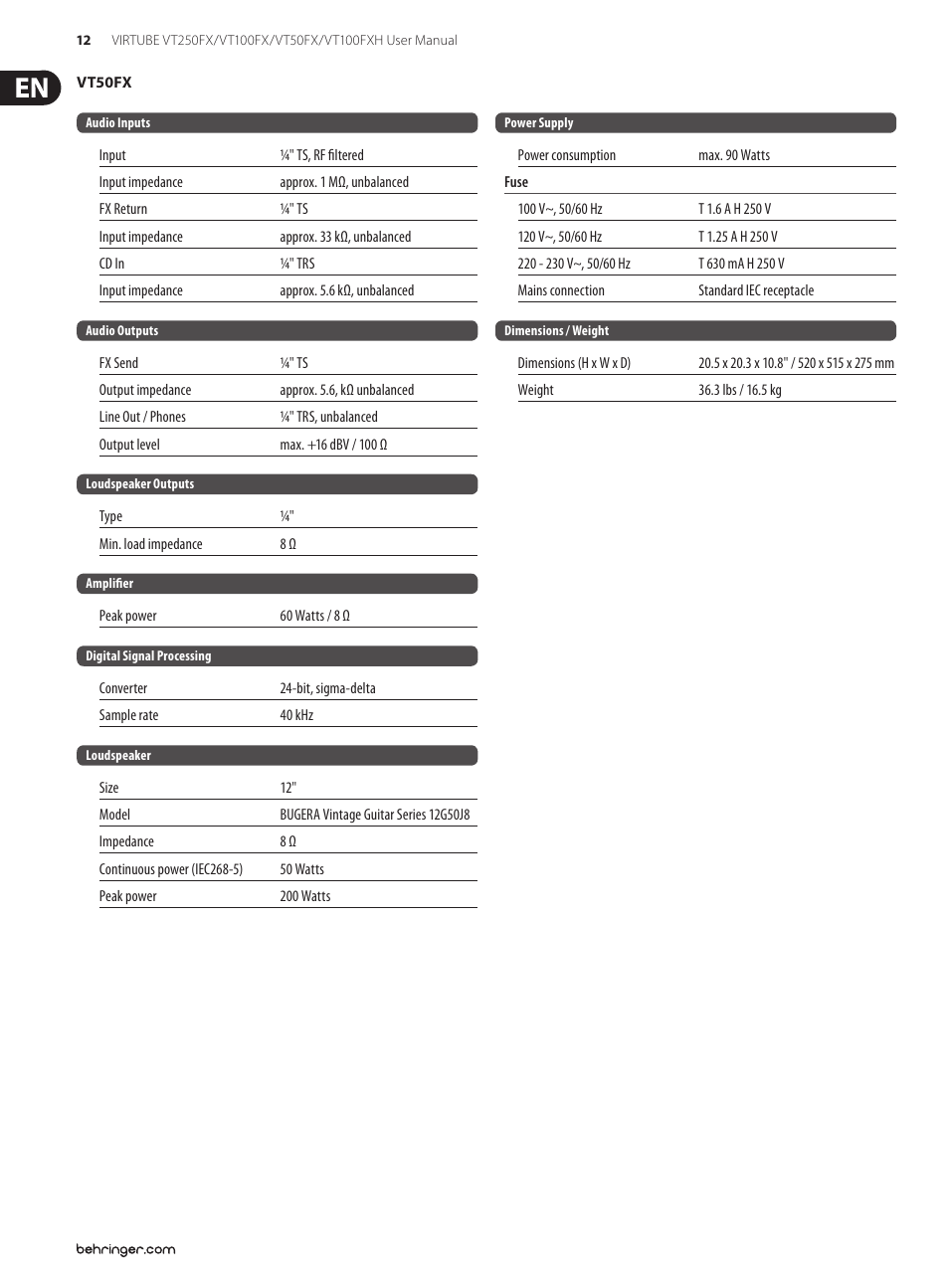 Behringer Virtube VT100FXH User Manual | Page 12 / 15