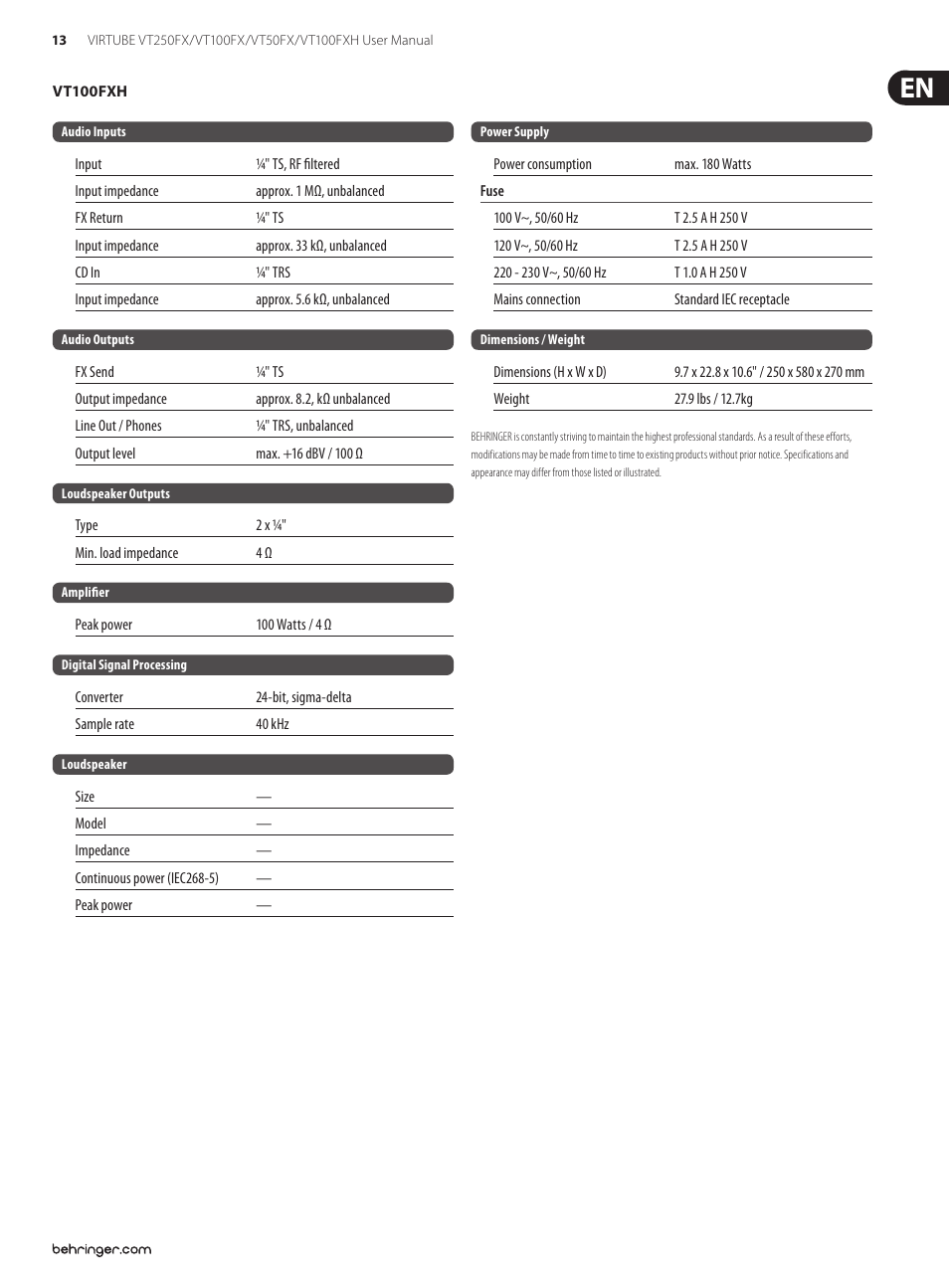 Behringer Virtube VT100FXH User Manual | Page 13 / 15