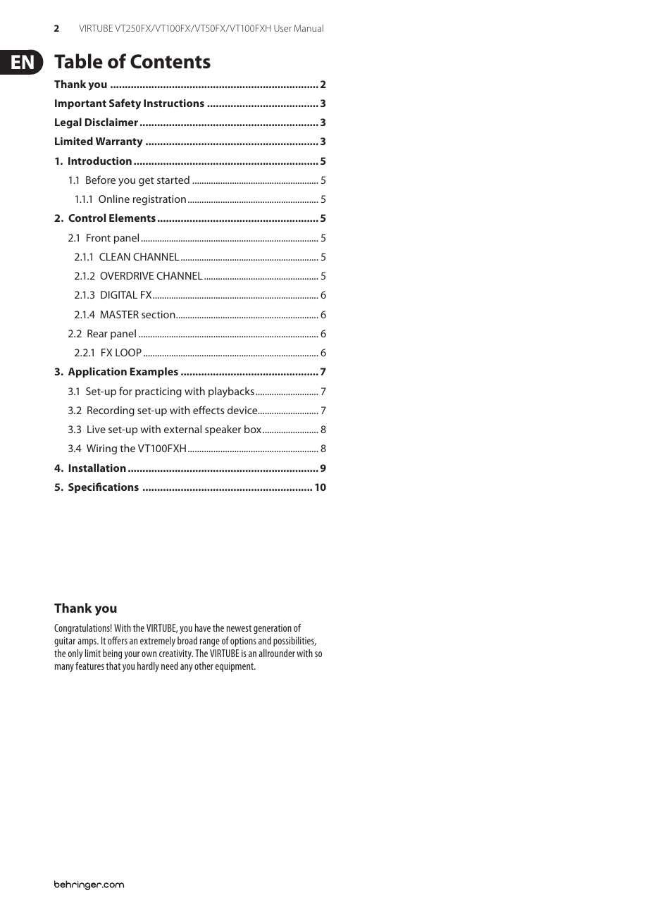 Behringer Virtube VT100FXH User Manual | Page 2 / 15