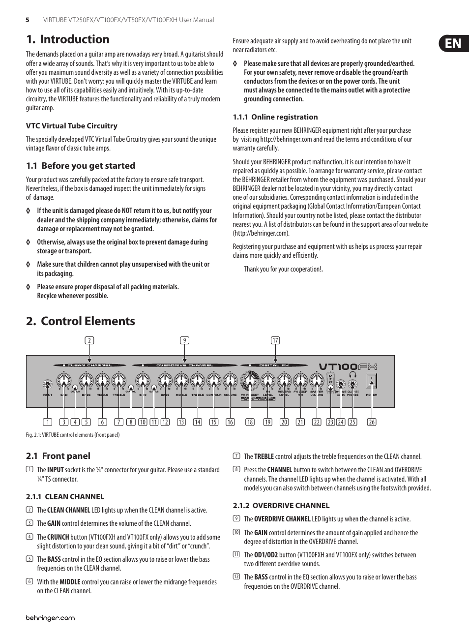 Introduction, 1 before you get started, 1 online registration | Control elements, 1 front panel, 1 clean channel, 2 overdrive channel, 1 clean channel 2.1.2 overdrive channel | Behringer Virtube VT100FXH User Manual | Page 5 / 15