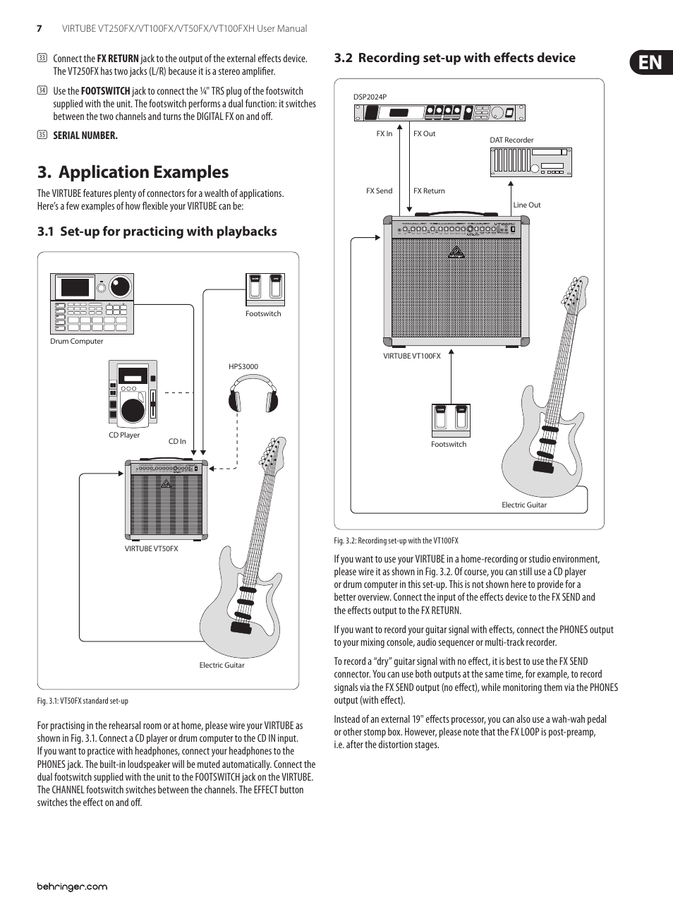 Application examples, 1 set-up for practicing with playbacks, 2 recording set-up with effects device | Behringer Virtube VT100FXH User Manual | Page 7 / 15