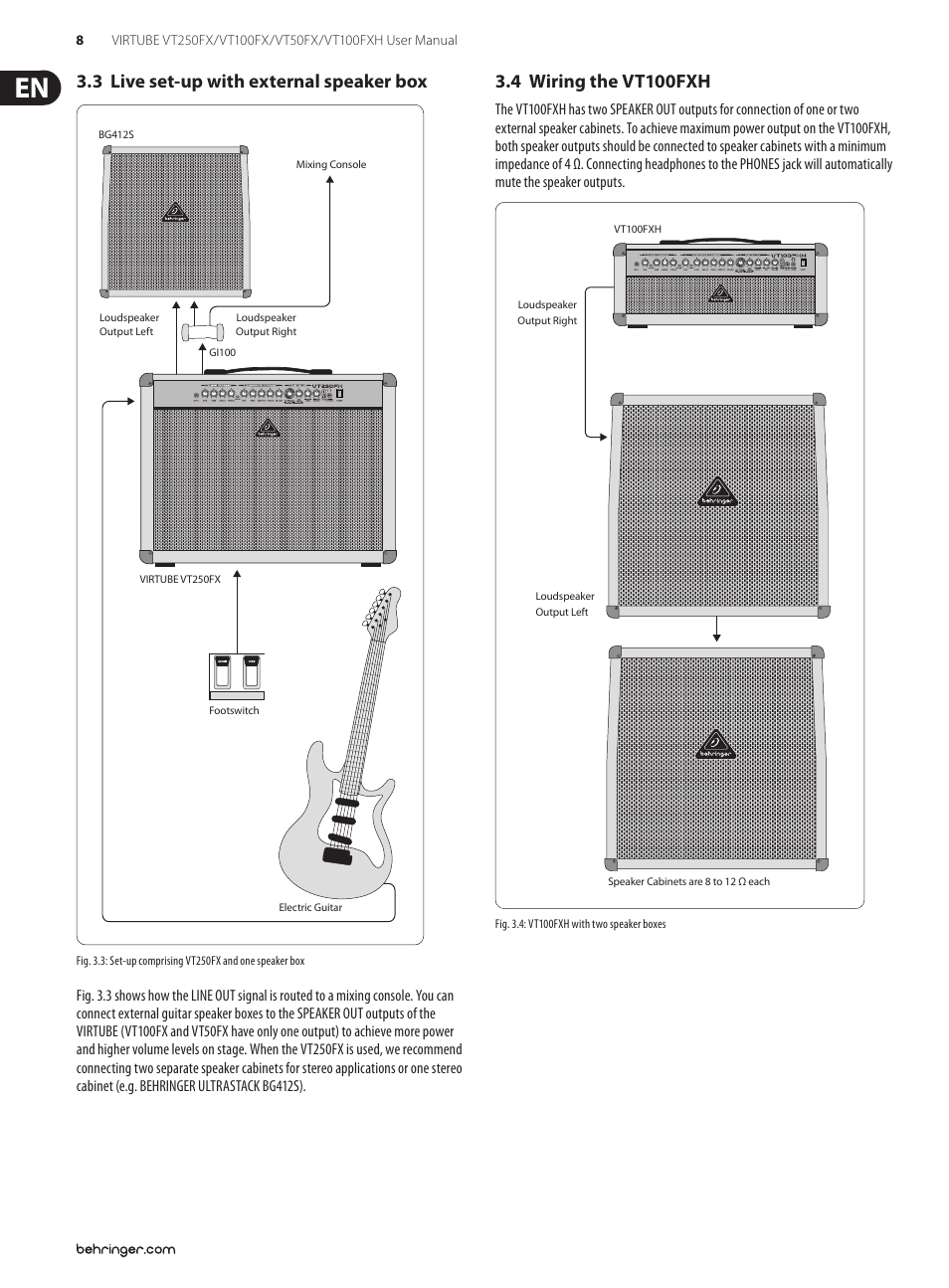 3 live set-up with external speaker box, 4 wiring the vt100fxh | Behringer Virtube VT100FXH User Manual | Page 8 / 15