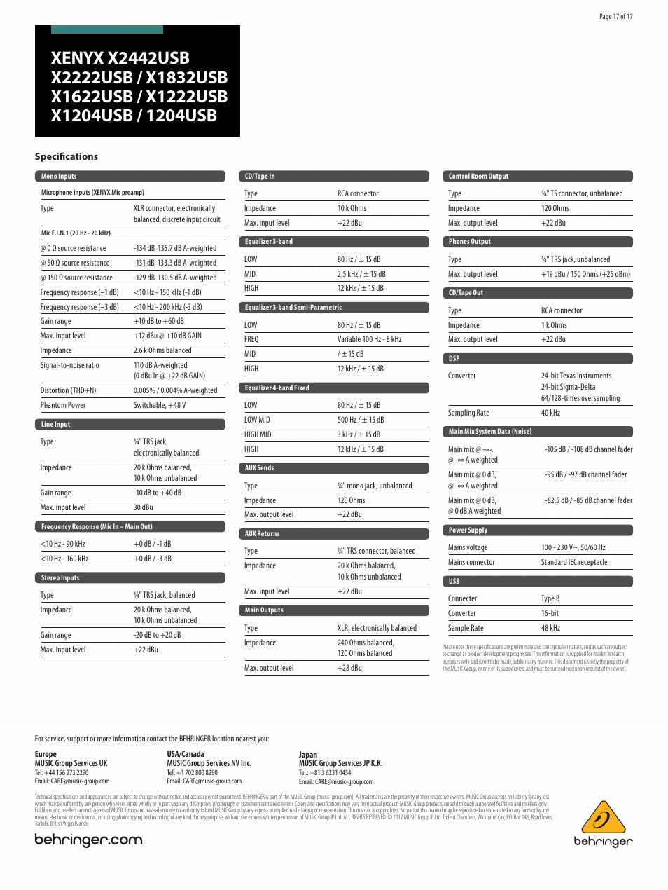 Behringer XENYX 1204USB User Manual | Page 17 / 17