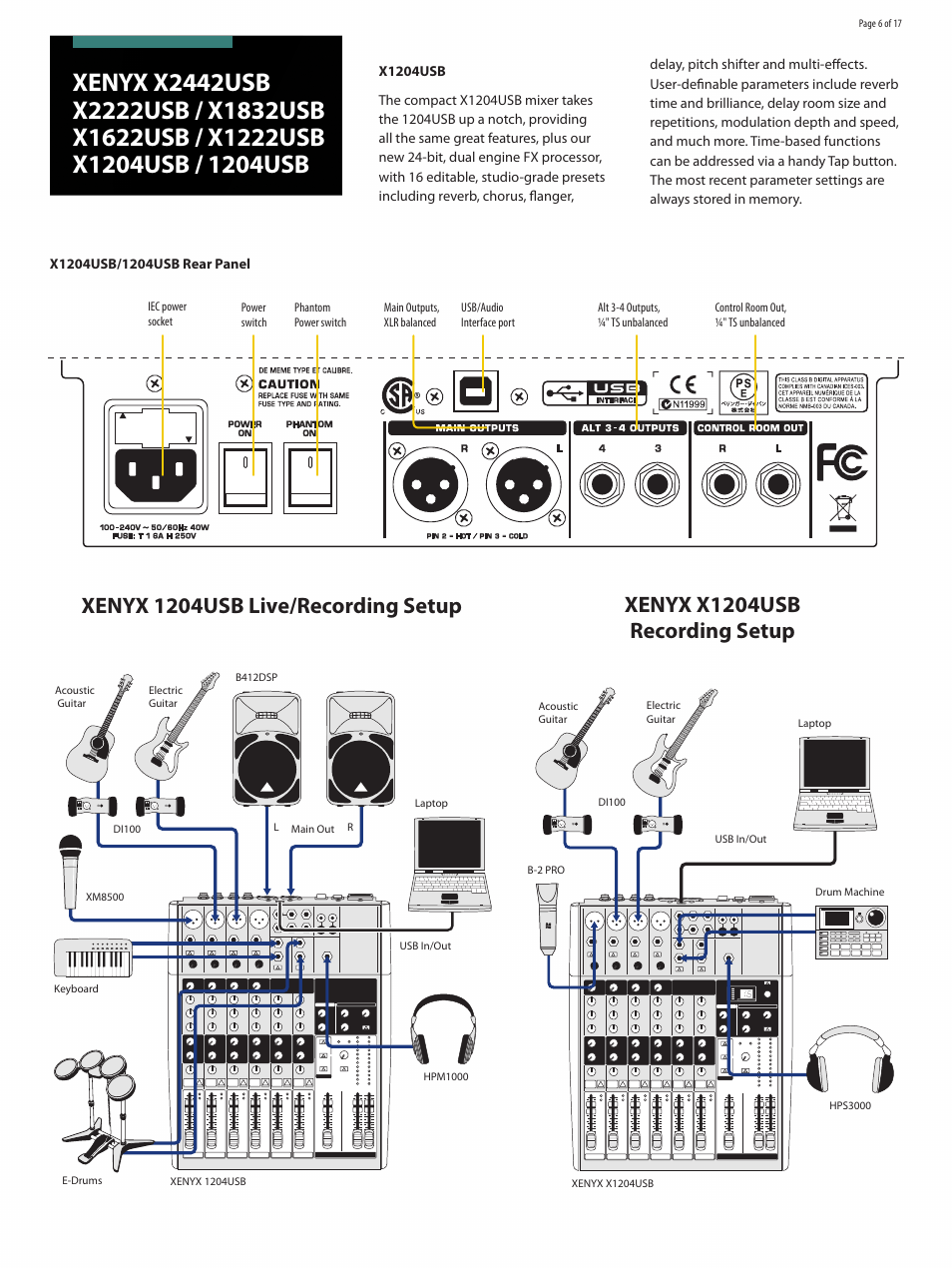 Xenyx 1204usb live/recording setup, Xenyx x1204usb recording setup | Behringer XENYX 1204USB User Manual | Page 6 / 17