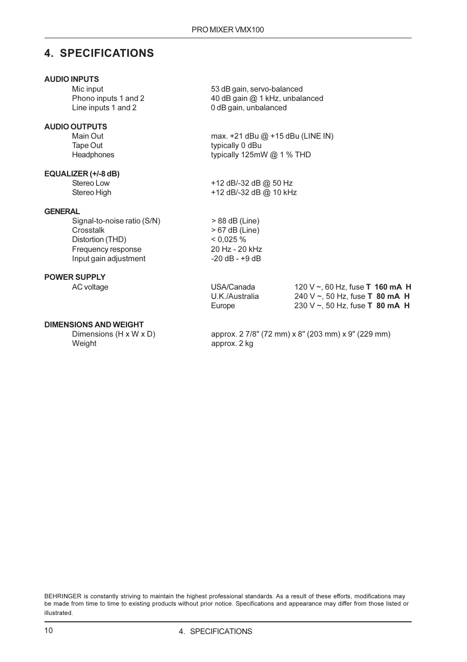 Specifications | Behringer VMX100 User Manual | Page 10 / 11