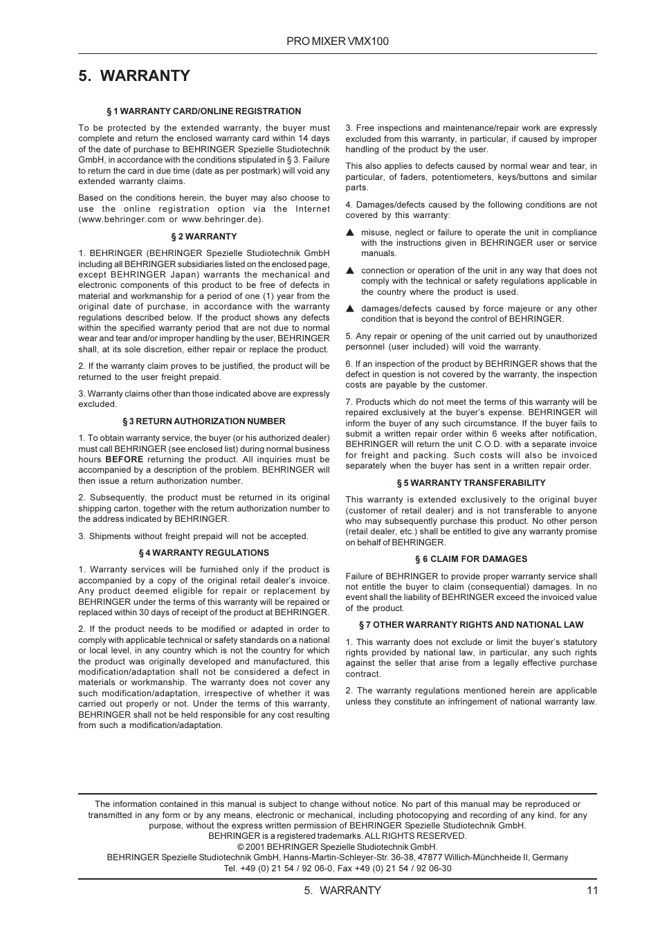 Warranty | Behringer VMX100 User Manual | Page 11 / 11