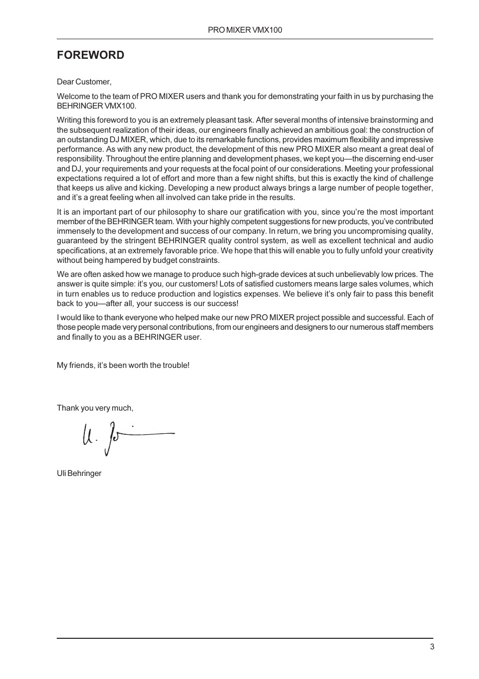 Foreword | Behringer VMX100 User Manual | Page 3 / 11