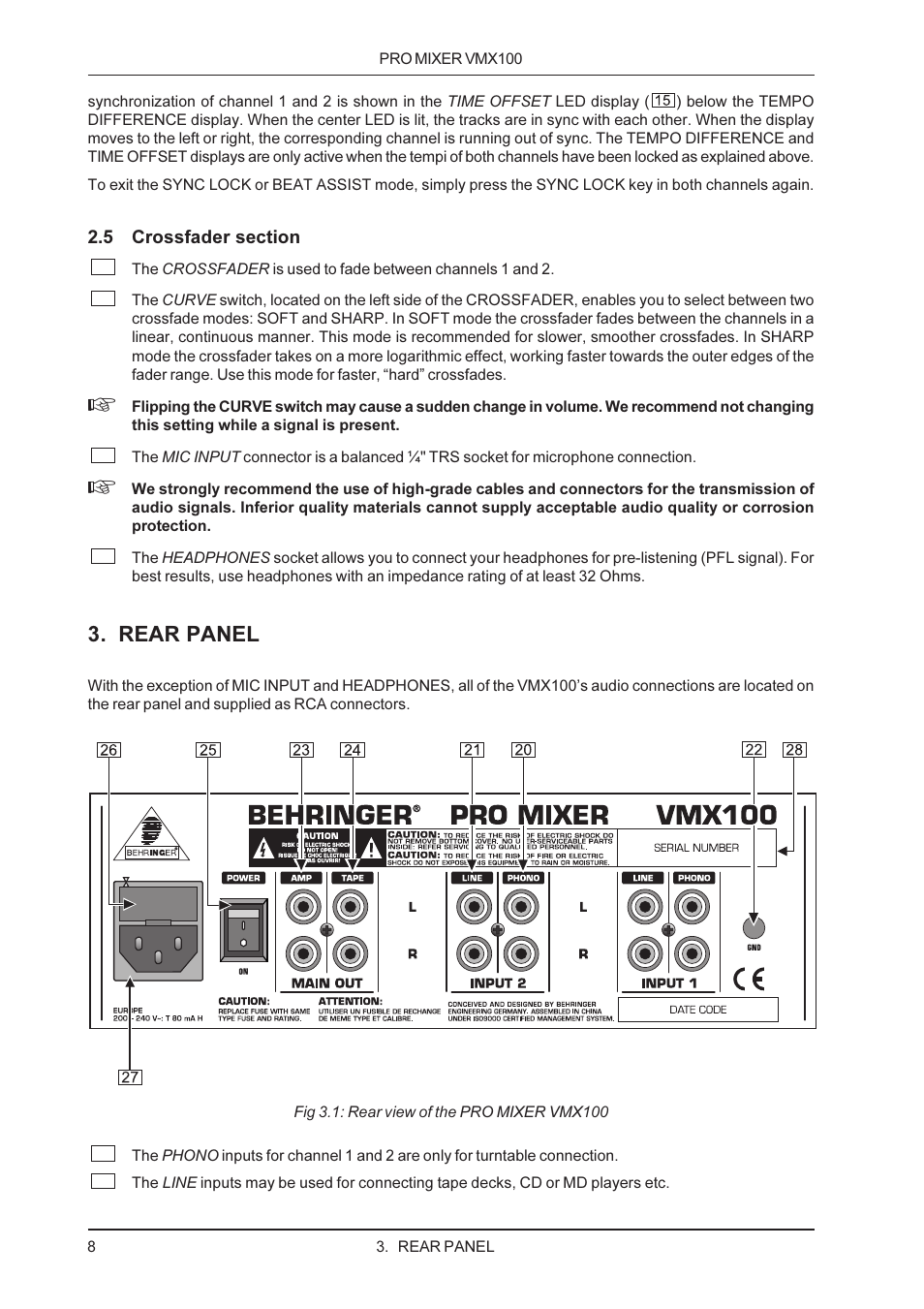 Rear panel | Behringer VMX100 User Manual | Page 8 / 11