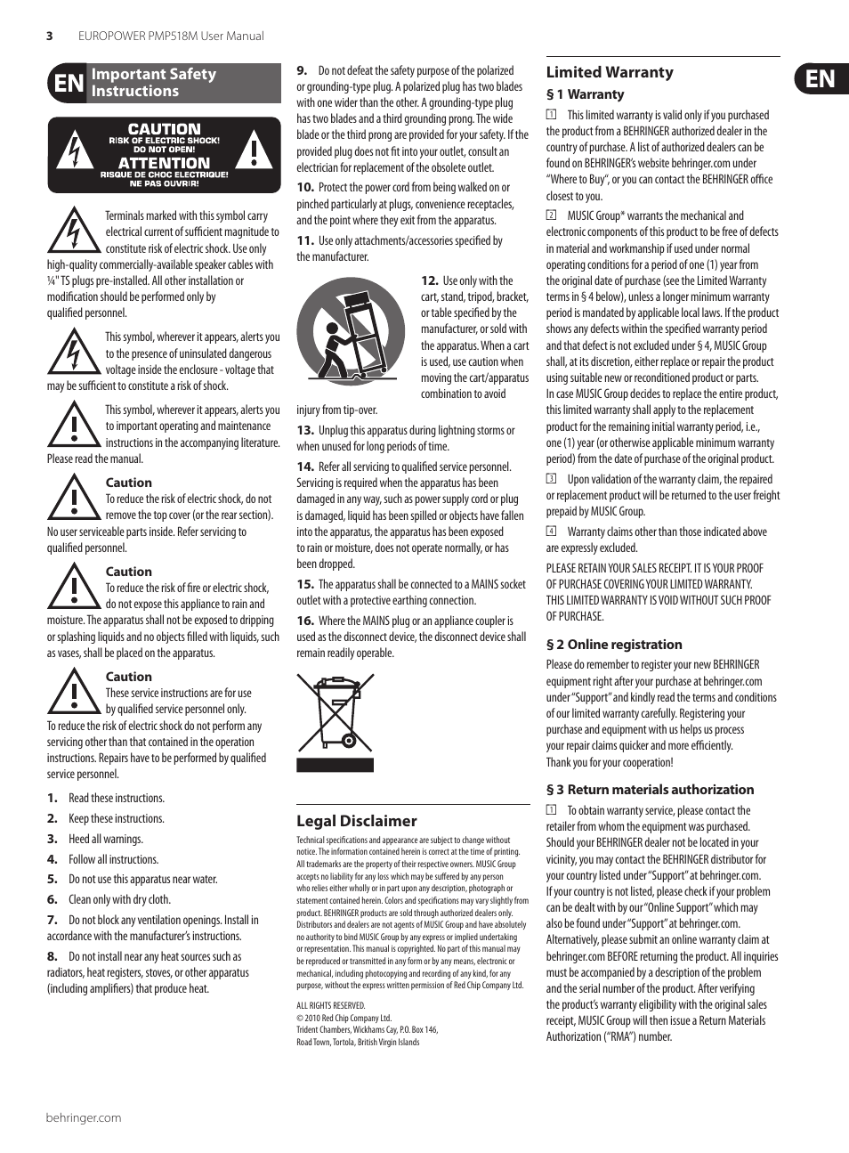Important safety instructions, Legal disclaimer, Limited warranty | Behringer Europower PMP518M User Manual | Page 3 / 12