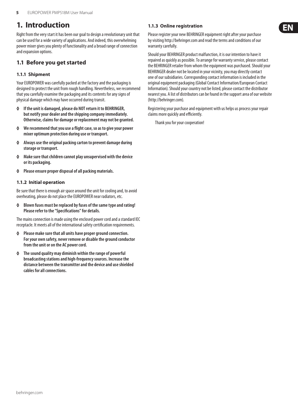 Introduction, 1 before you get started, 1 shipment | 2 initial operation, 3 online registration, Introduction 1 | Behringer Europower PMP518M User Manual | Page 5 / 12