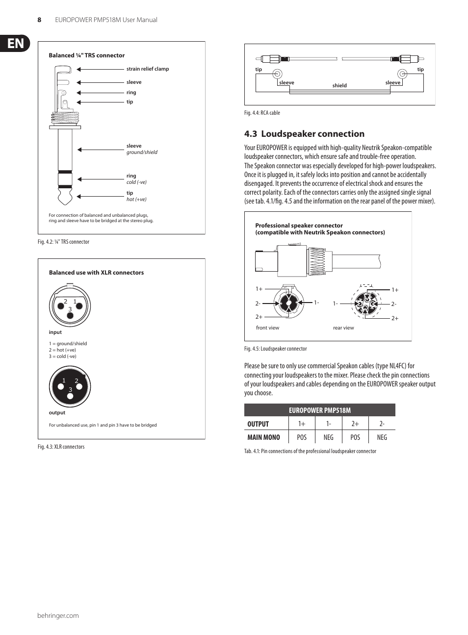 3 loudspeaker connection, Loudspeaker connection 4.3 | Behringer Europower PMP518M User Manual | Page 8 / 12