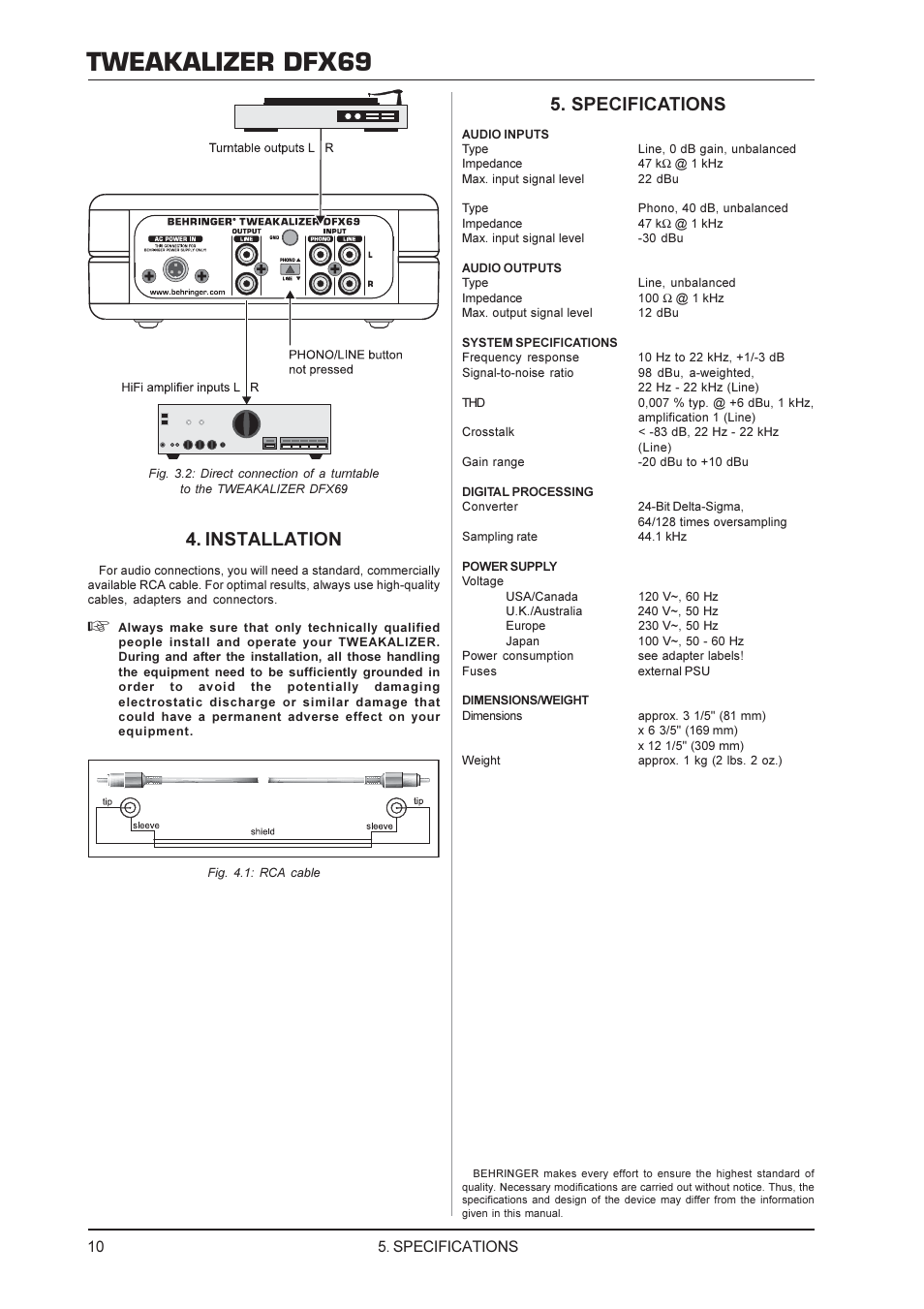 Tweakalizer dfx69, Installation, Specifications | Behringer DFX69 User Manual | Page 10 / 11