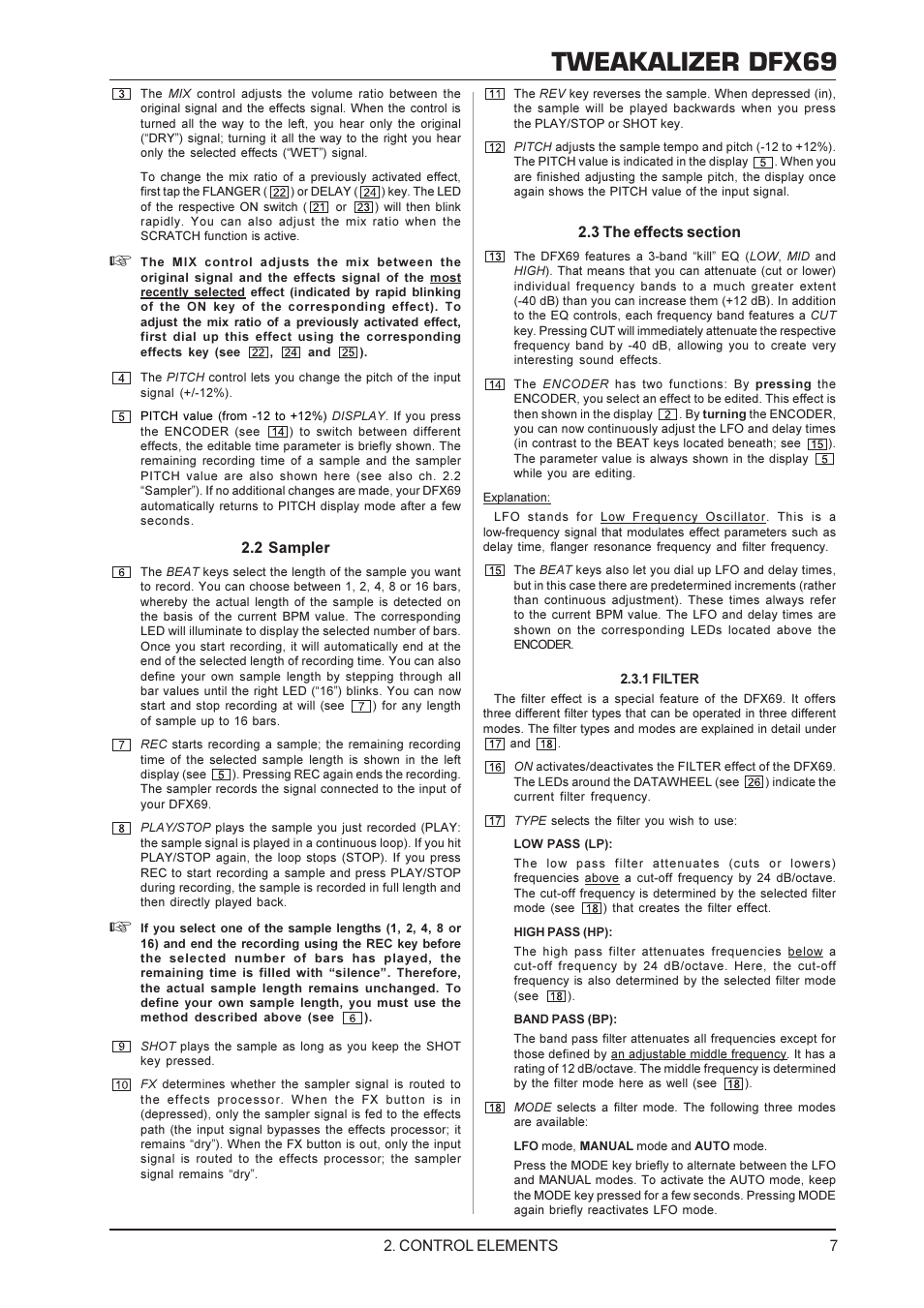 Tweakalizer dfx69, Control elements, 2 sampler | Behringer DFX69 User Manual | Page 7 / 11