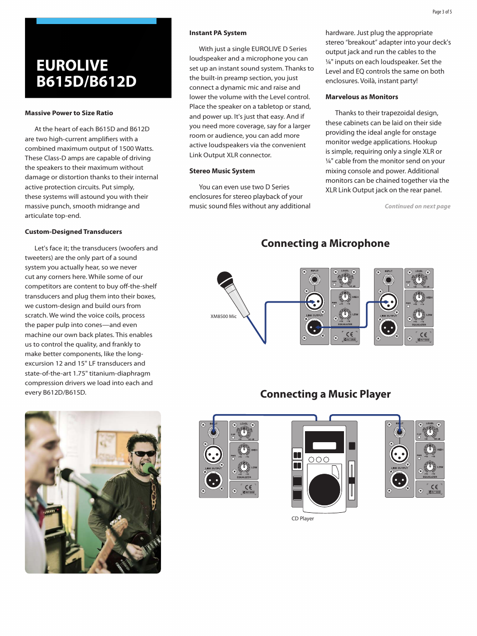 Connecting a microphone, Connecting a music player | Behringer EUROLIVE D Seriesloudspeakers B615D User Manual | Page 3 / 5
