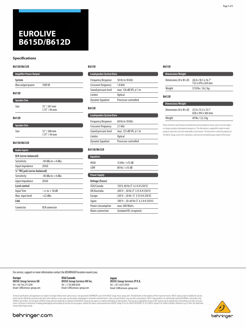 Behringer EUROLIVE D Seriesloudspeakers B615D User Manual | Page 5 / 5