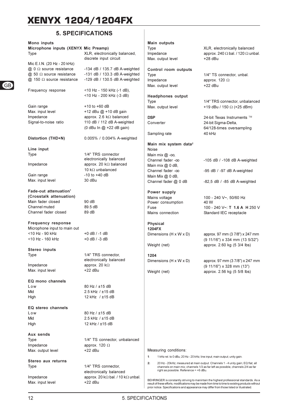 Specifications | Behringer Xenyx User Manual | Page 12 / 13