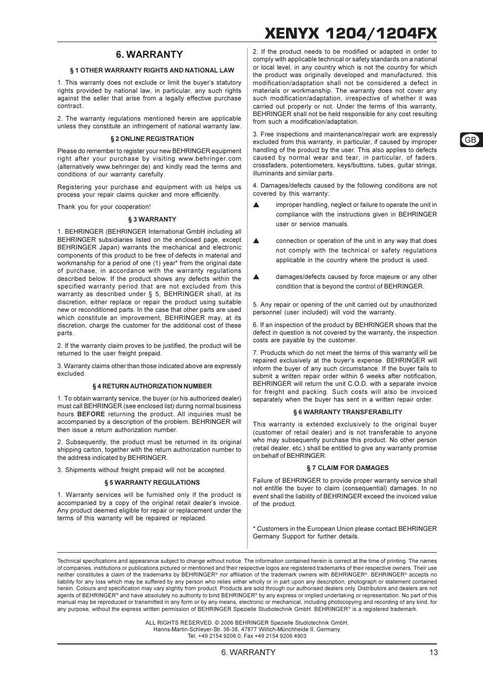 Warranty | Behringer Xenyx User Manual | Page 13 / 13