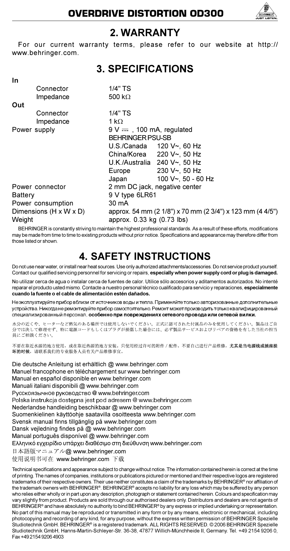 Overdrive distortion od300 2. warranty, Specifications, Safety instructions | Behringer Overdrive Distortion OD300 User Manual | Page 2 / 2