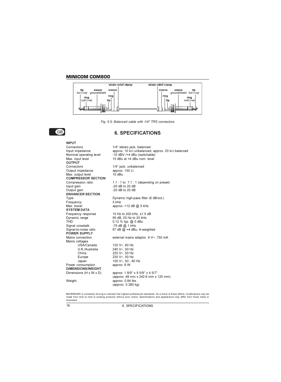 Minicom com800, Specifications | Behringer Minicom COM800 User Manual | Page 16 / 19