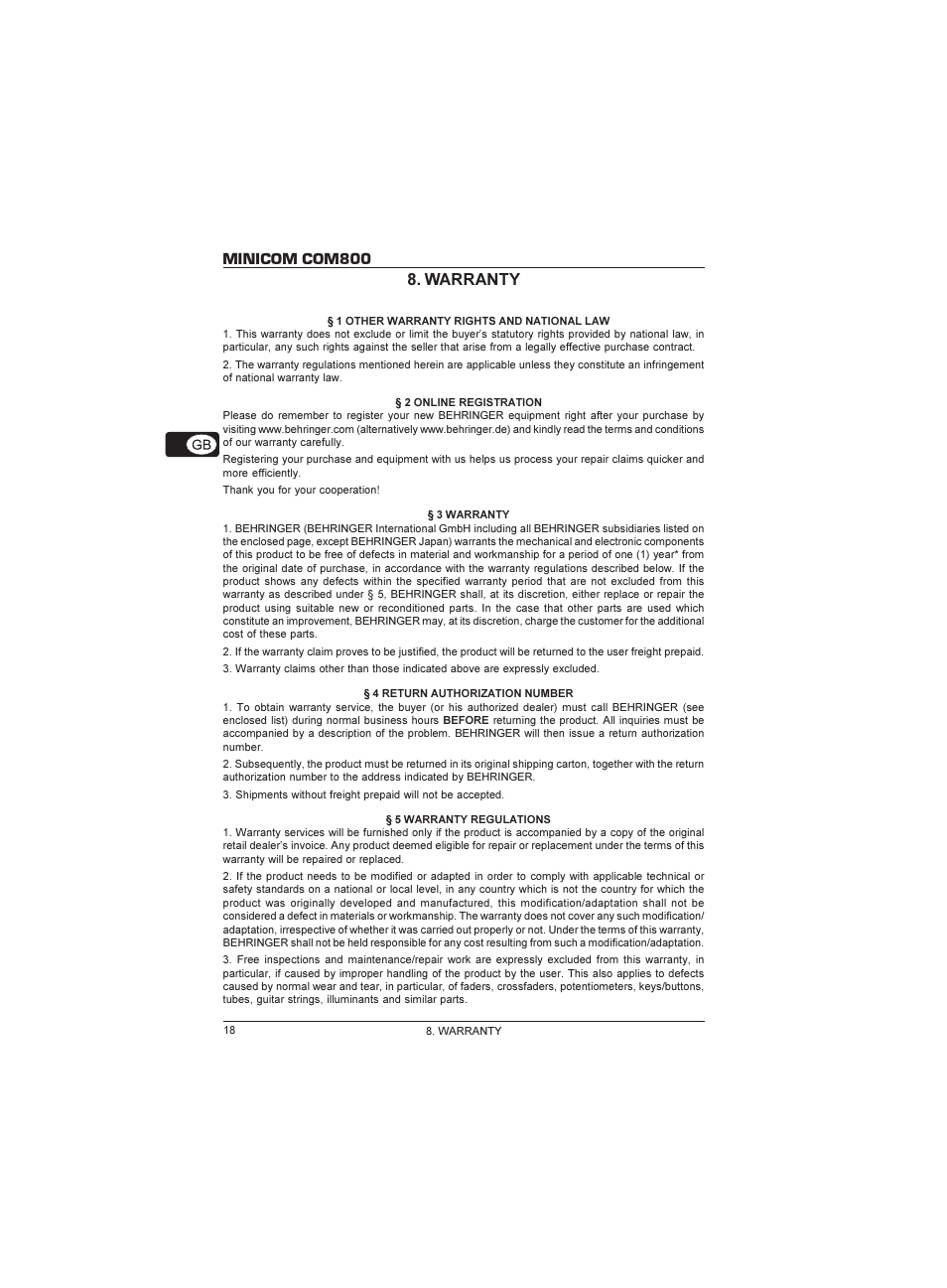 Minicom com800 8. warranty | Behringer Minicom COM800 User Manual | Page 18 / 19