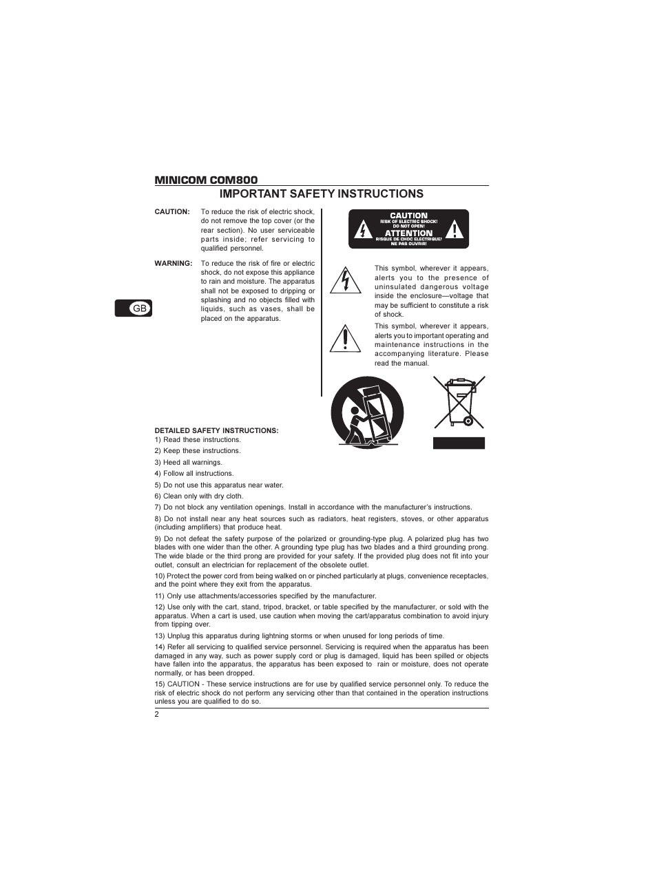 Minicom com800, Important safety instructions | Behringer Minicom COM800 User Manual | Page 2 / 19