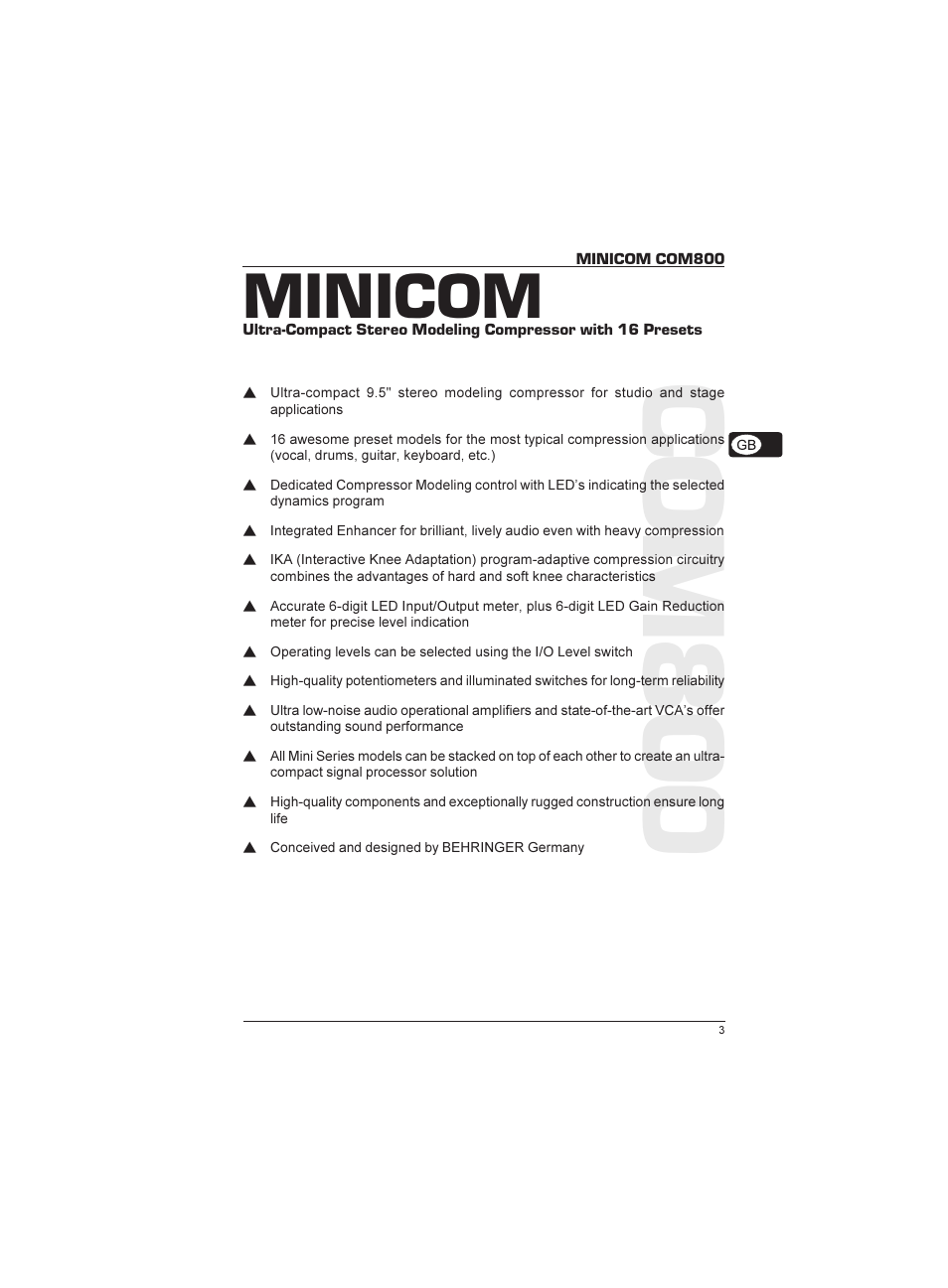 Com800, Minicom | Behringer Minicom COM800 User Manual | Page 3 / 19