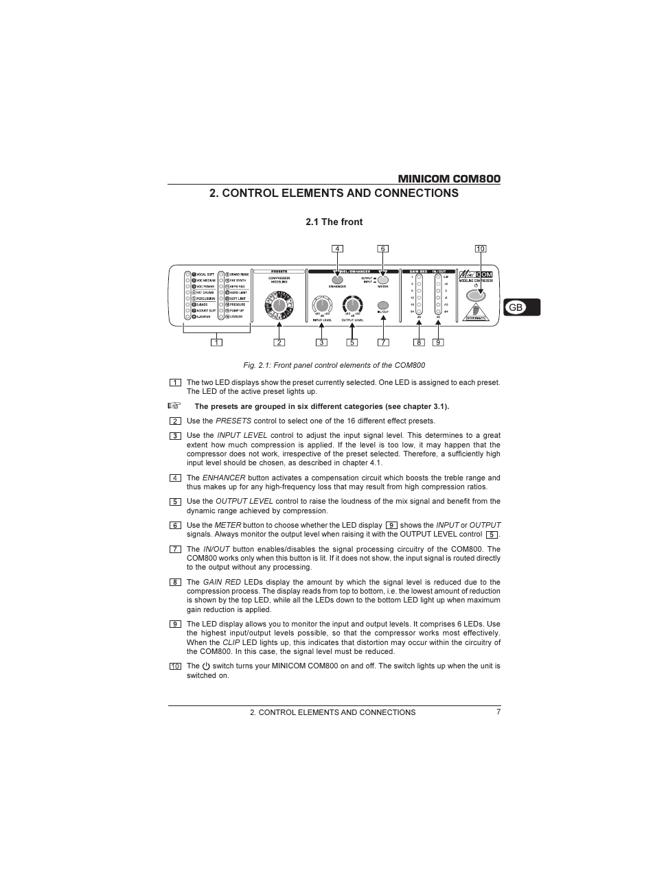 Minicom com800, Control elements and connections | Behringer Minicom COM800 User Manual | Page 7 / 19