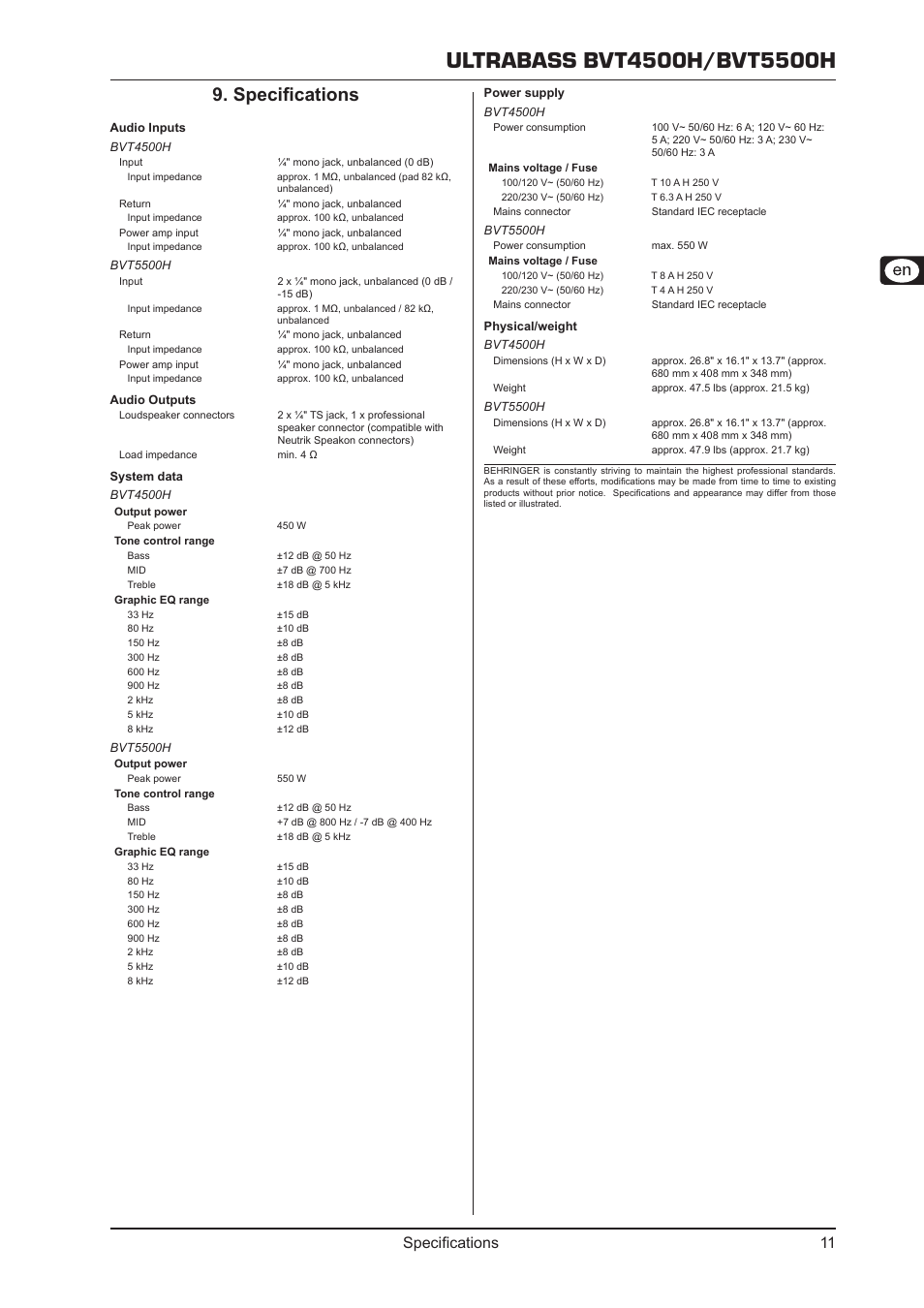 Specifications, Specifications 9, Specifications 11 | Behringer Ultrabass BVT5500H User Manual | Page 11 / 12