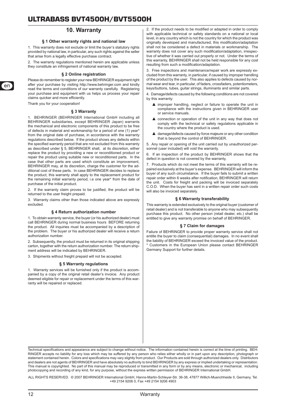 Warranty, Warranty 10, Warranty 12 | Behringer Ultrabass BVT5500H User Manual | Page 12 / 12