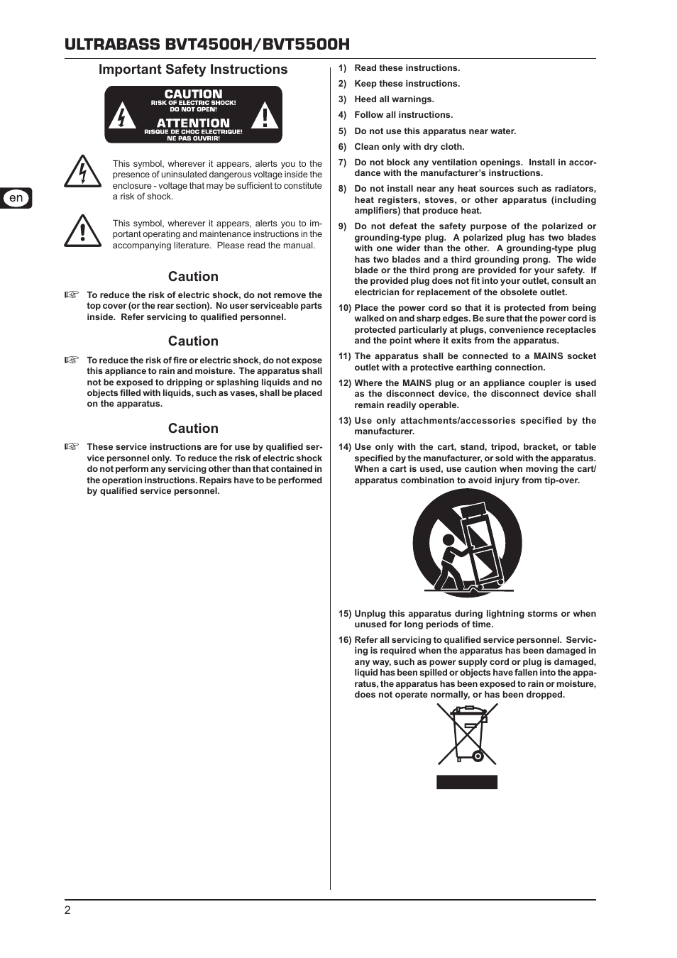 Important safety instructions, Caution | Behringer Ultrabass BVT5500H User Manual | Page 2 / 12