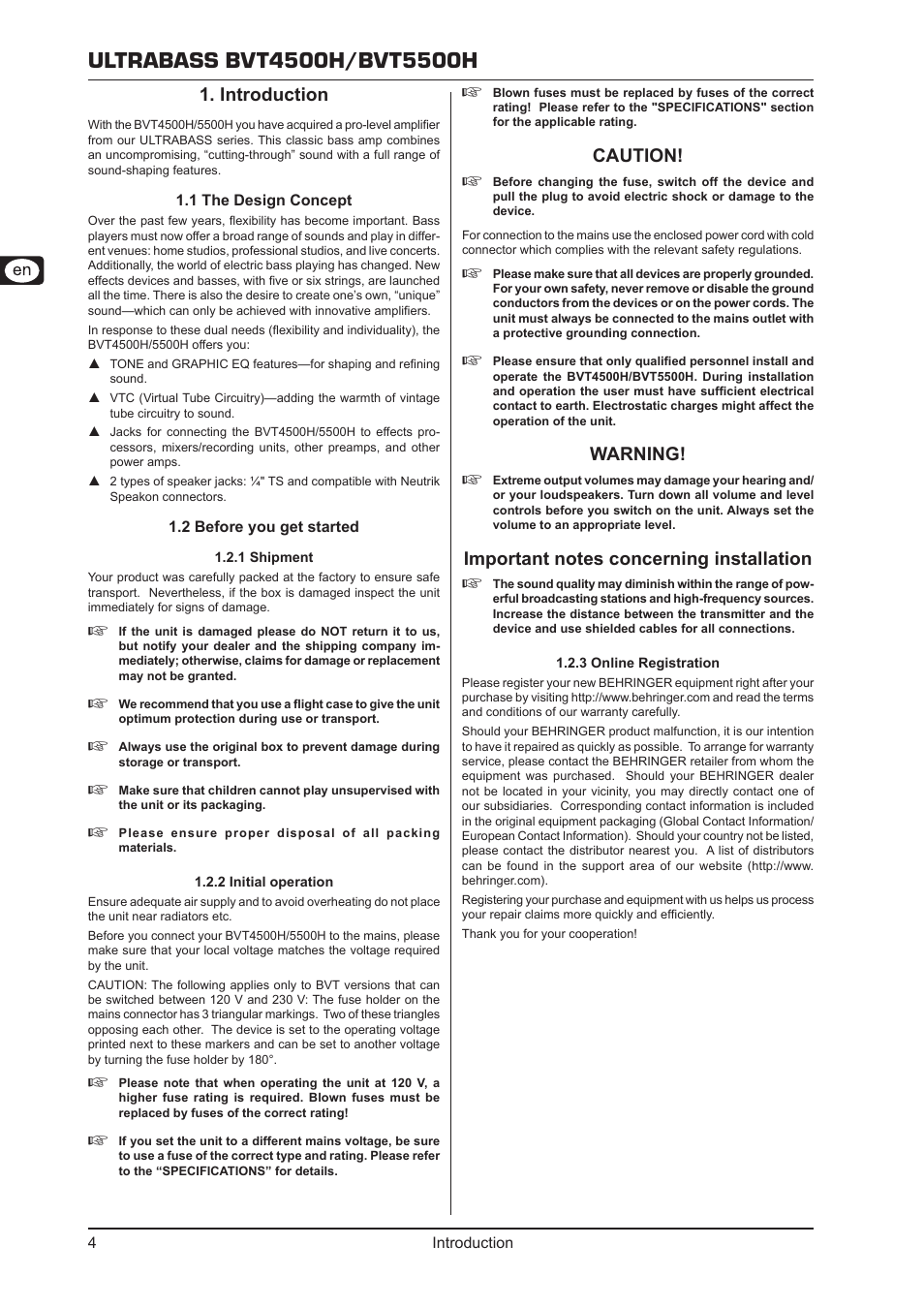 Introduction, 1 the design concept 1.2 before you get started, Introduction 1 | Caution, Warning | Behringer Ultrabass BVT5500H User Manual | Page 4 / 12