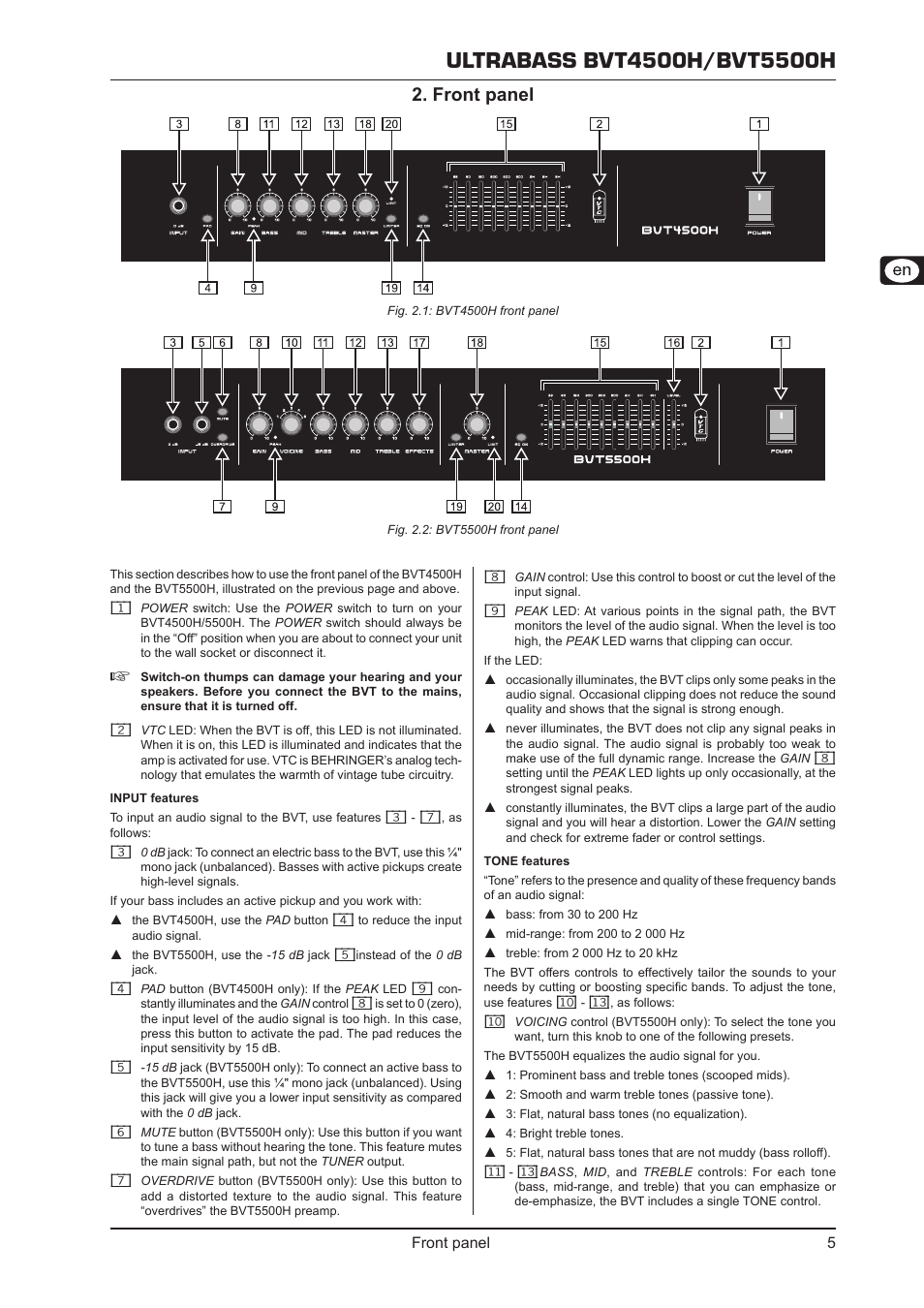 Front panel, Front panel 2, Front panel 5 | Behringer Ultrabass BVT5500H User Manual | Page 5 / 12