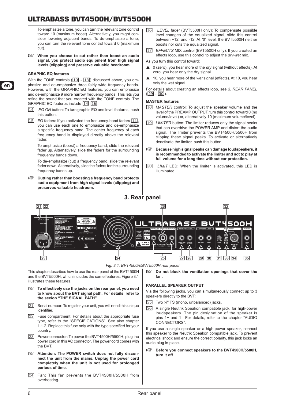 Rear panel, Rear panel 3, Rear panel 6 | Behringer Ultrabass BVT5500H User Manual | Page 6 / 12