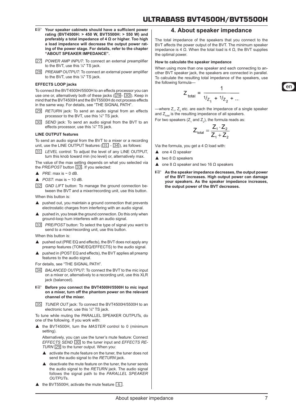 About speaker impedance, About speaker impedance 4, About speaker impedance 7 | Behringer Ultrabass BVT5500H User Manual | Page 7 / 12