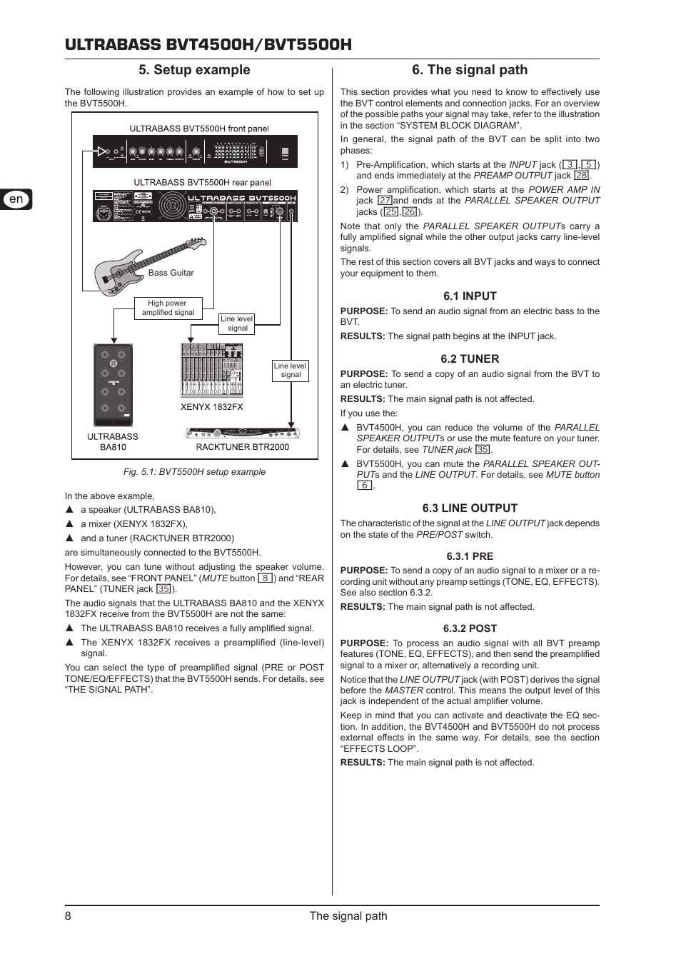 Setup example, The signal path, 1 input 6.2 tuner 6.3 line output | 1 pre 6.3.2 post, 4 effects loop, 1 send and return, Setup example 5, The signal path 6 | Behringer Ultrabass BVT5500H User Manual | Page 8 / 12