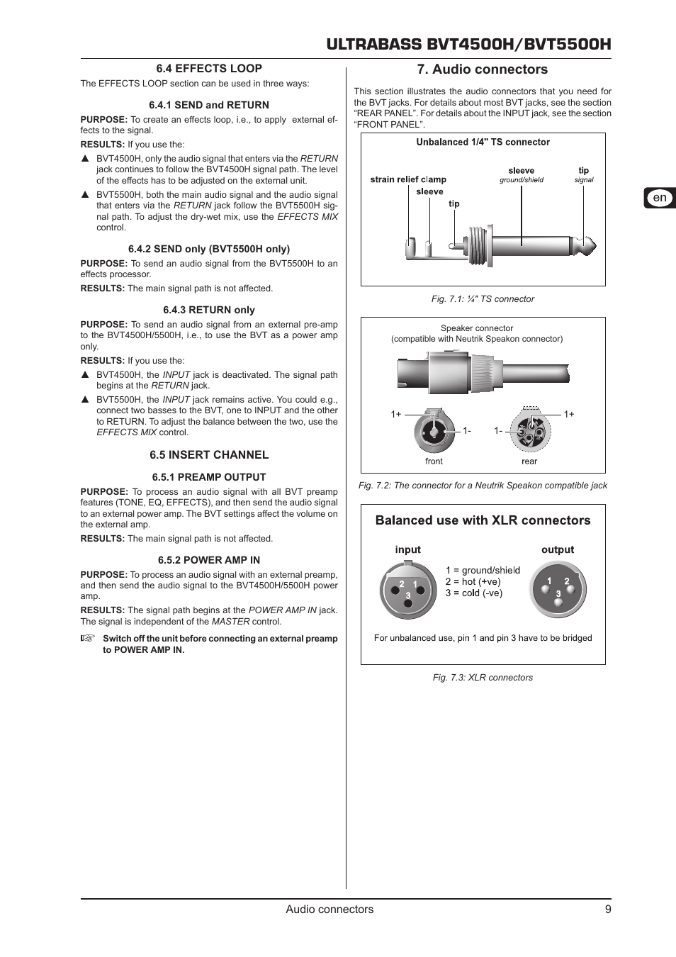 2 send only (bvt5500h only) 6.4.3 return only, 5 insert channel, 1 preamp output 6.5.2 power amp in | Audio connectors, Audio connectors 7 | Behringer Ultrabass BVT5500H User Manual | Page 9 / 12