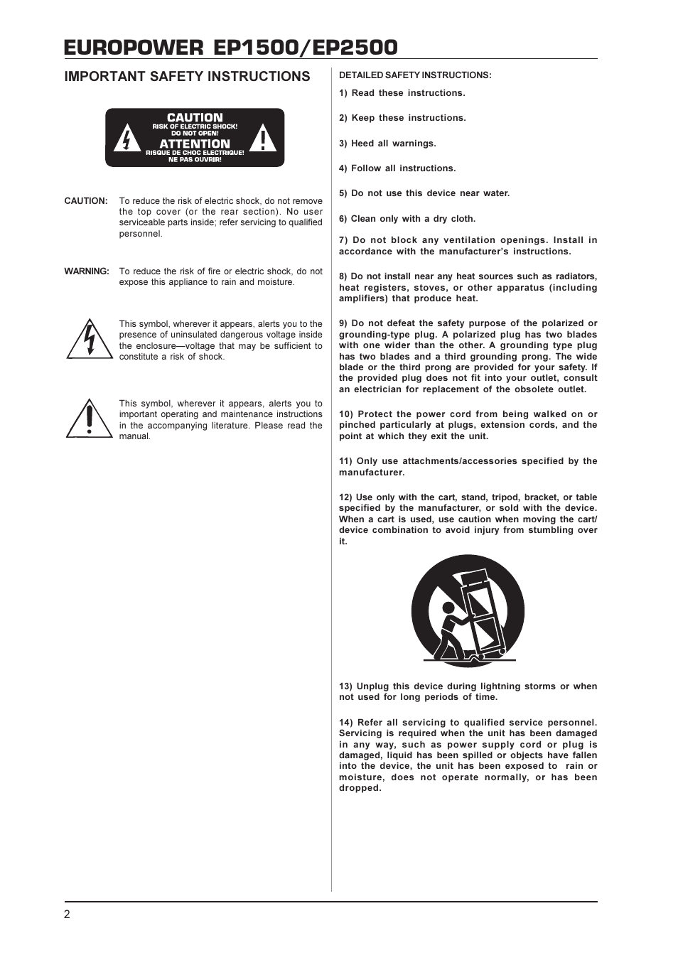 Important safety instructions | Behringer EP2500 User Manual | Page 2 / 12