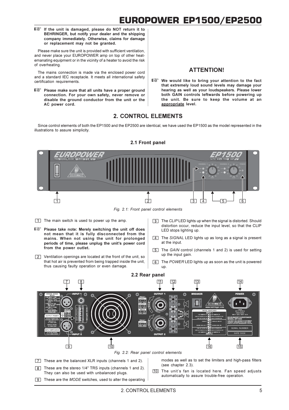 Attention, Control elements | Behringer EP2500 User Manual | Page 5 / 12