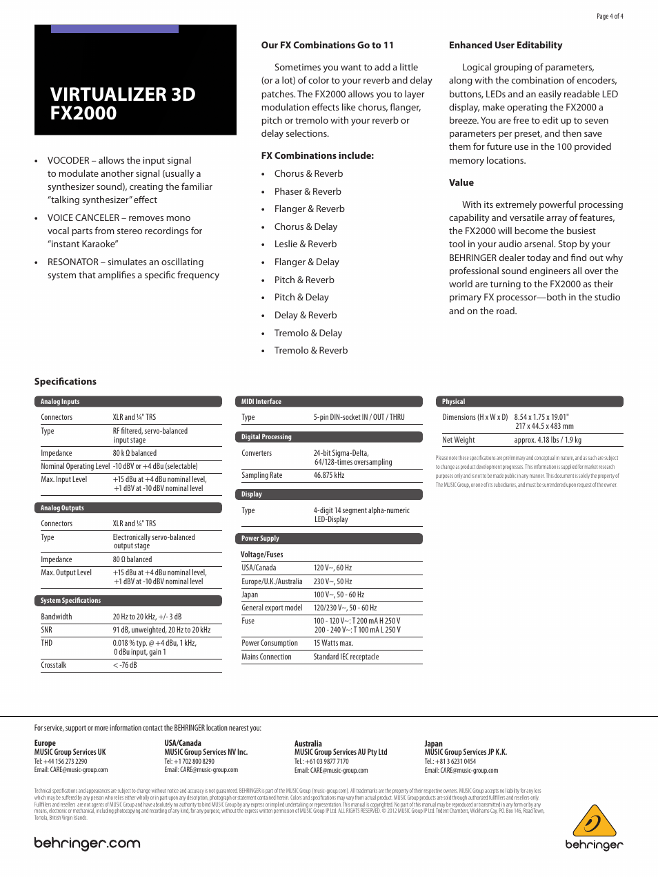 Behringer High-Performance 3D Multi-Engine Effects Processor FX2000 User Manual | Page 4 / 4