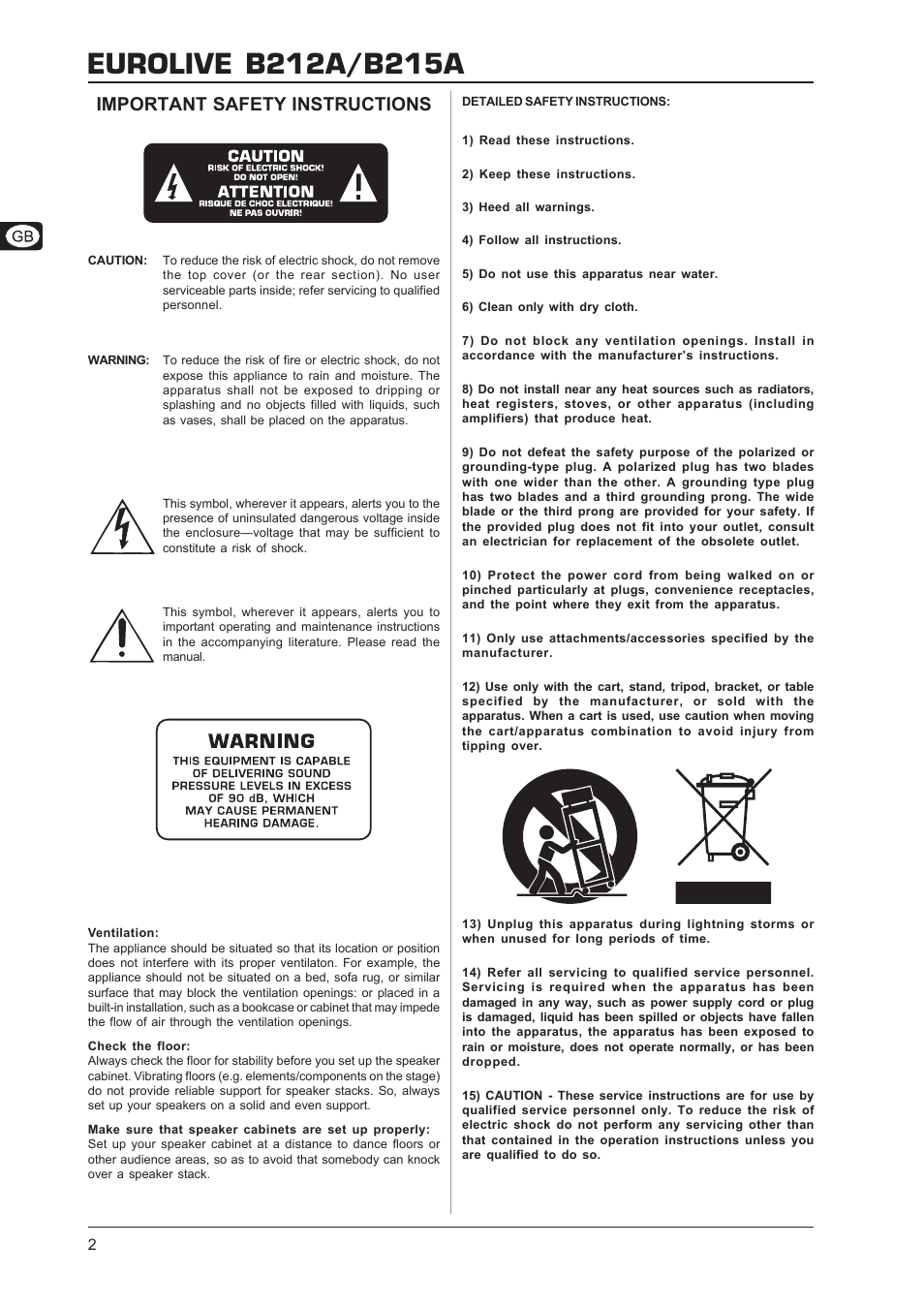 Important safety instructions | Behringer B212A User Manual | Page 2 / 8