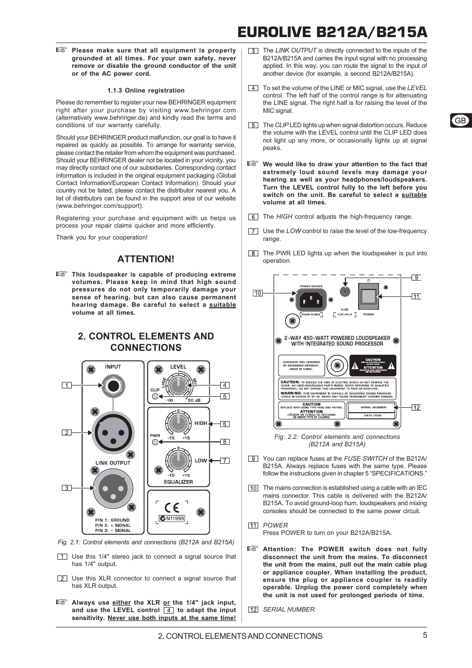 3 online registration, Control elements and connections, Application examples | Attention | Behringer B212A User Manual | Page 5 / 8