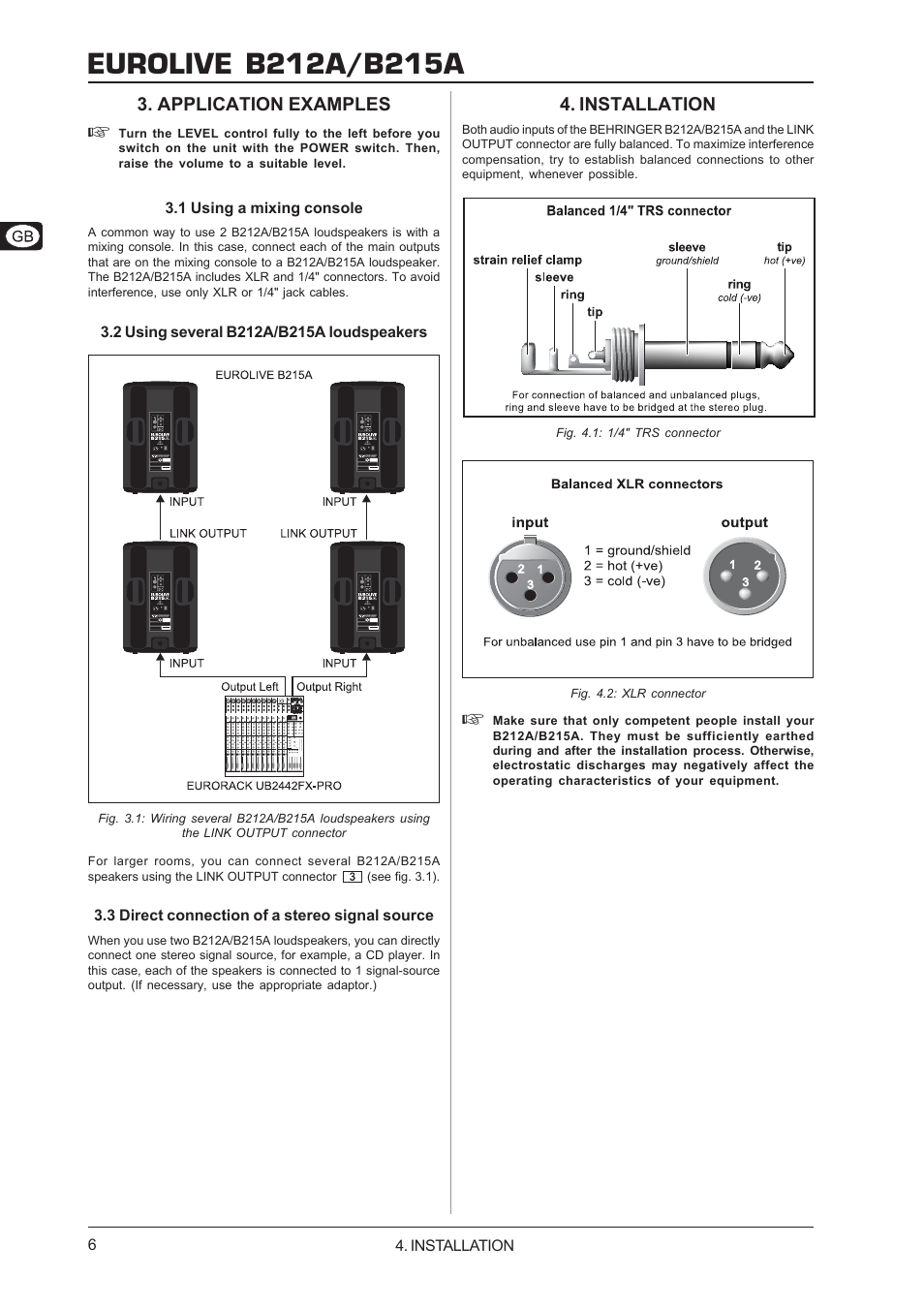 Application examples, 1 using a mixing console, 2 using several b212a/b215a loudspeakers | 3 direct connection of a stereo signal source, Installation | Behringer B212A User Manual | Page 6 / 8