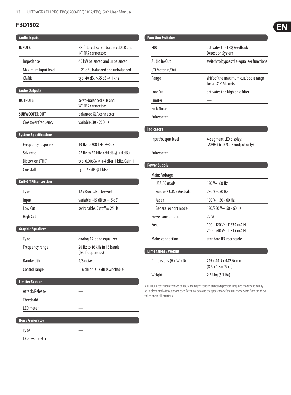 Behringer FBQ6200/FBQ3102/FBQ1502 User Manual | Page 13 / 14