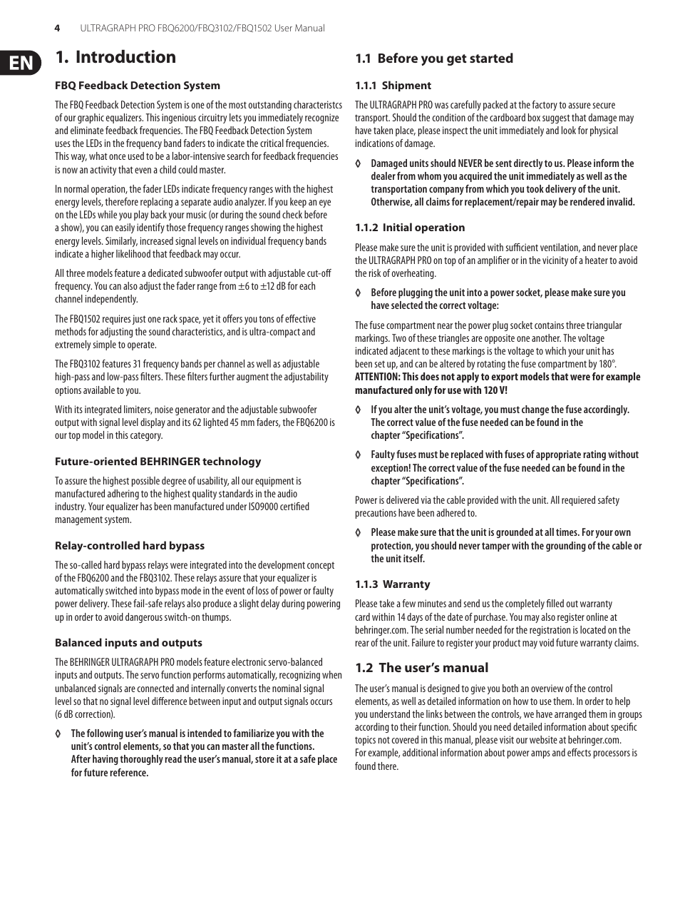 Introduction, 1 before you get started, 1 shipment | 2 initial operation, 3 warranty, 2 the user’s manual, 1 shipment 1.1.2 initial operation 1.1.3 warranty | Behringer FBQ6200/FBQ3102/FBQ1502 User Manual | Page 4 / 14