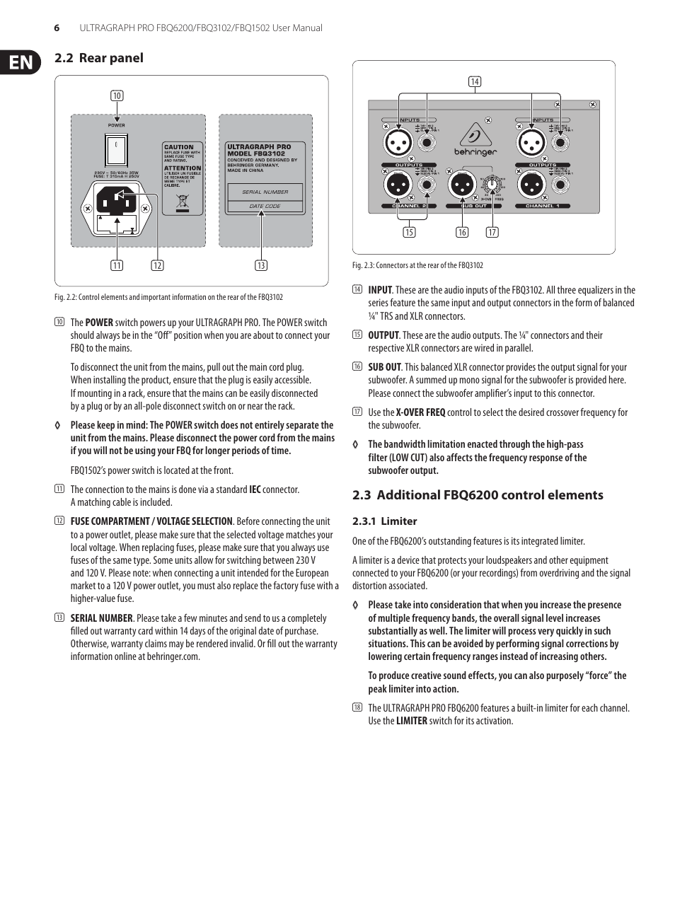 2 rear panel, 3 additional fbq6200 control elements, 1 limiter | Behringer FBQ6200/FBQ3102/FBQ1502 User Manual | Page 6 / 14