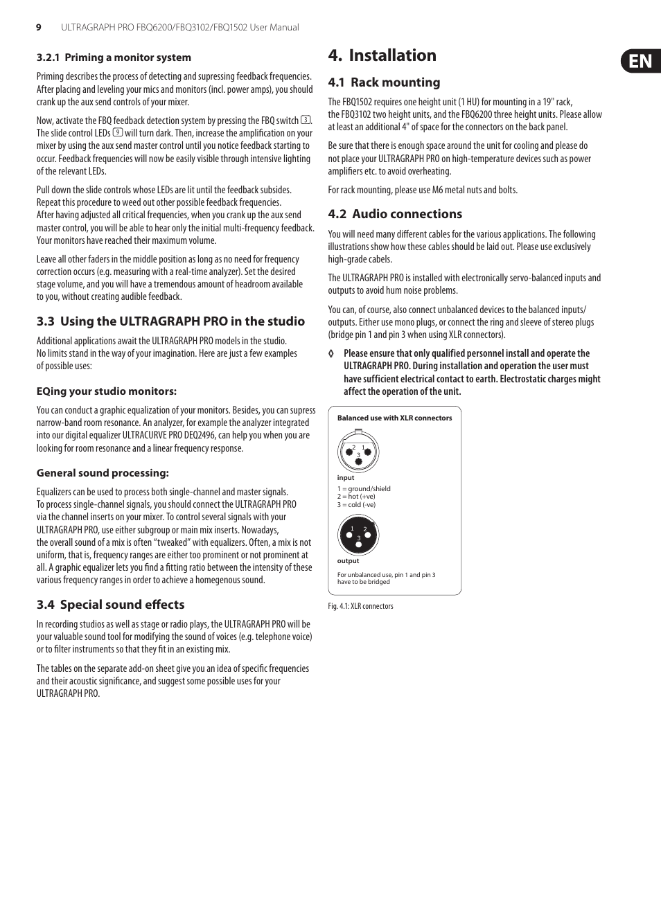 1 priming a monitor system, 3 using the ultragraph pro in the studio, 4 special sound effects | Installation, 1 rack mounting, 2 audio connections, 1 rack mounting 4.2 audio connections | Behringer FBQ6200/FBQ3102/FBQ1502 User Manual | Page 9 / 14